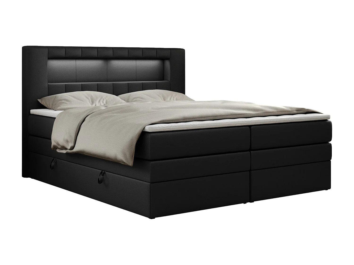 Boxspringbett GOLD 5 KING mit Stauraum, zwei Bettkästen, LED-Beleuchtung, Multipocket-Matratze - 180x200 cm - H3 - Schwarz Kunstleder