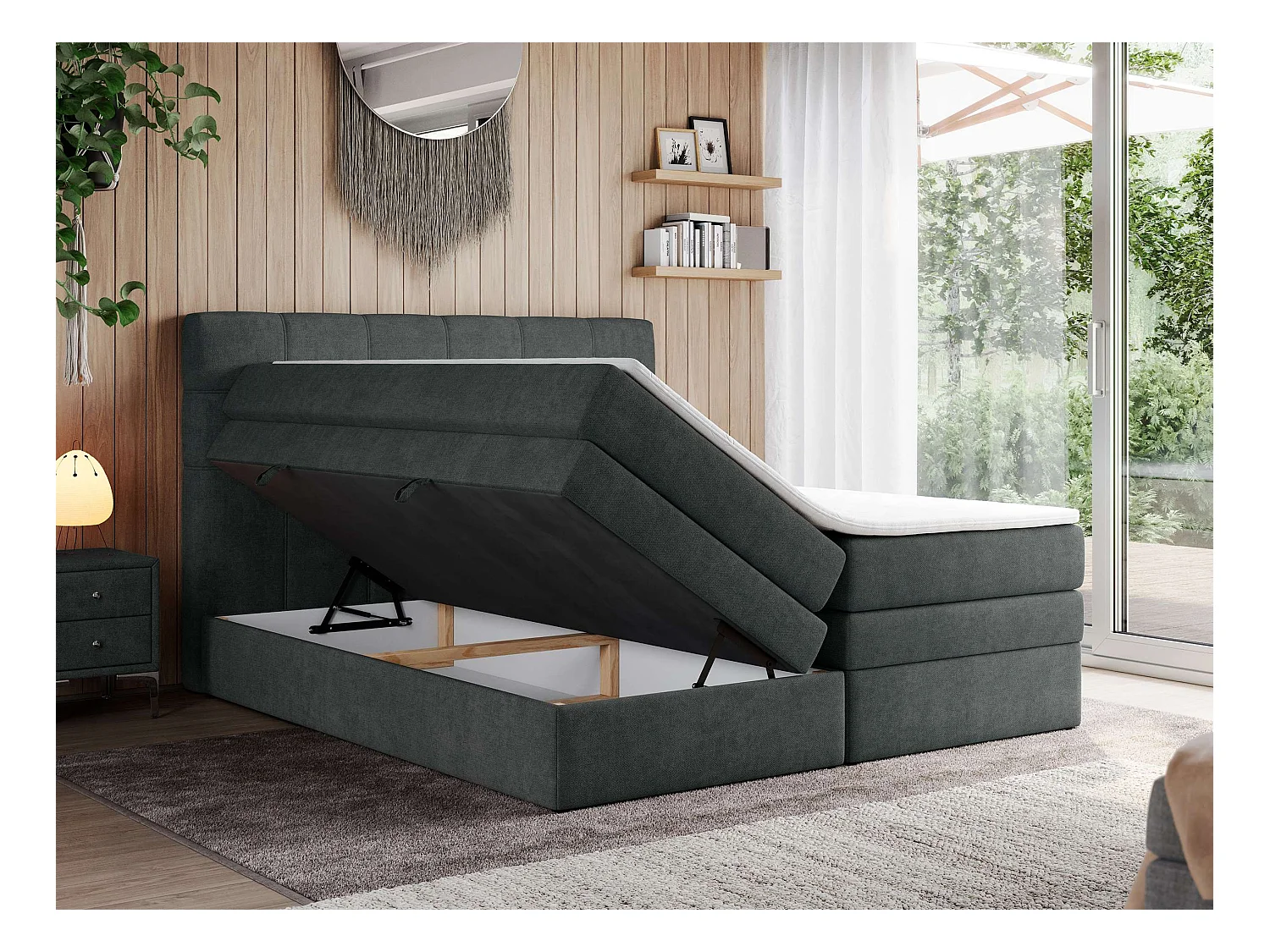 Boxspringbett ERNI KING, gestepptes Kopfteil, zwei Multipocket-Matratze und Topper, mit Stauraum - 140x200 cm - H4 - Dunkelgrau Strukture
