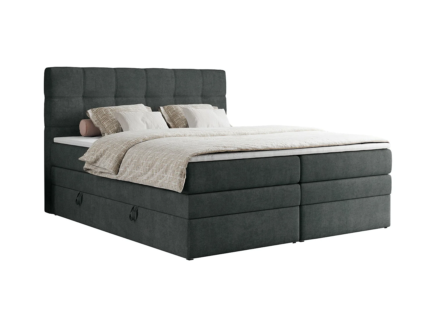 Boxspringbett ERNI KING, gestepptes Kopfteil, zwei Multipocket-Matratze und Topper, mit Stauraum - 120x200 cm - H3 - Dunkelgrau Strukture