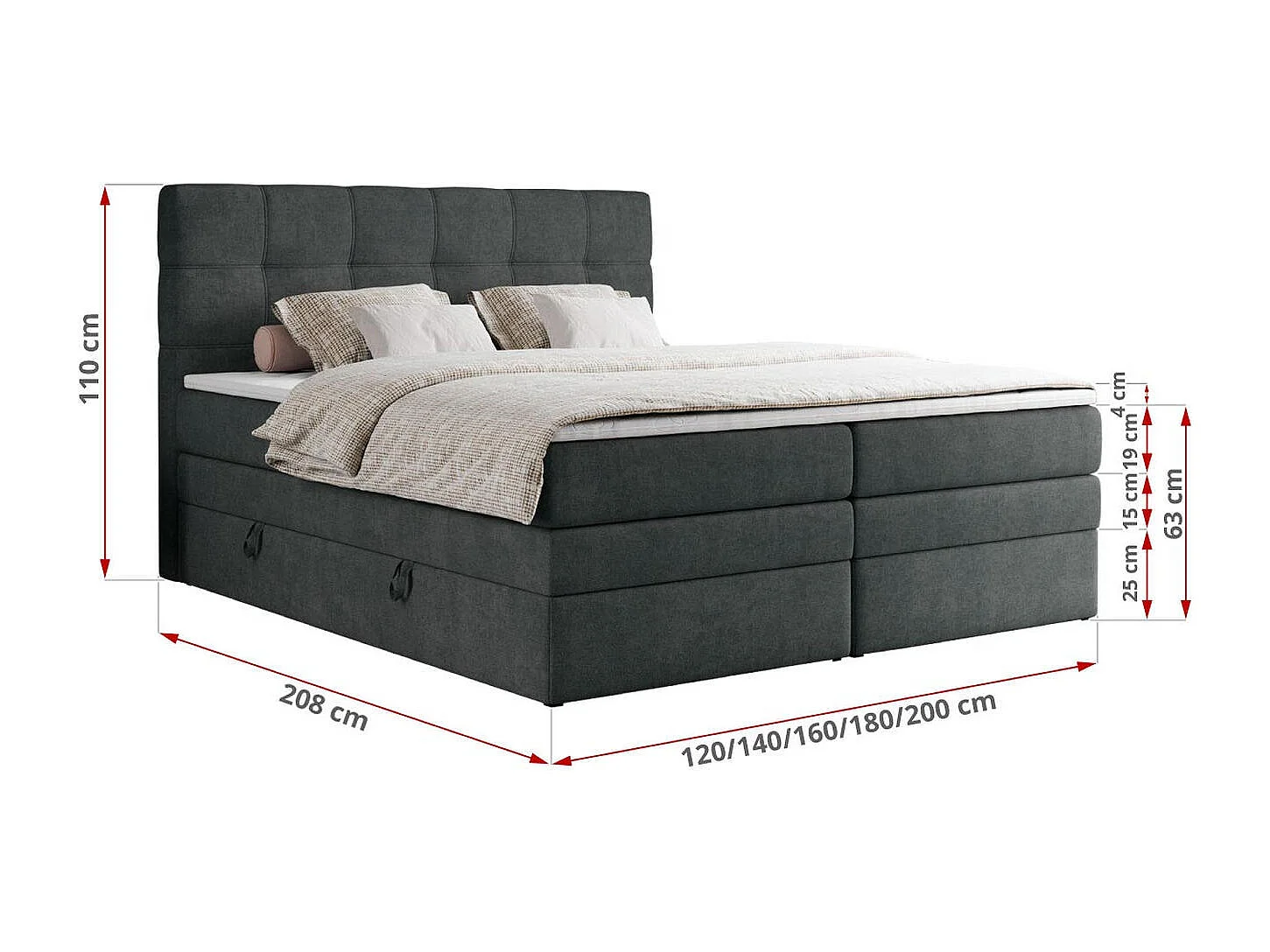 Boxspringbett ERNI KING, gestepptes Kopfteil, zwei Multipocket-Matratze und Topper, mit Stauraum - 120x200 cm - H3 - Dunkelgrau Strukture