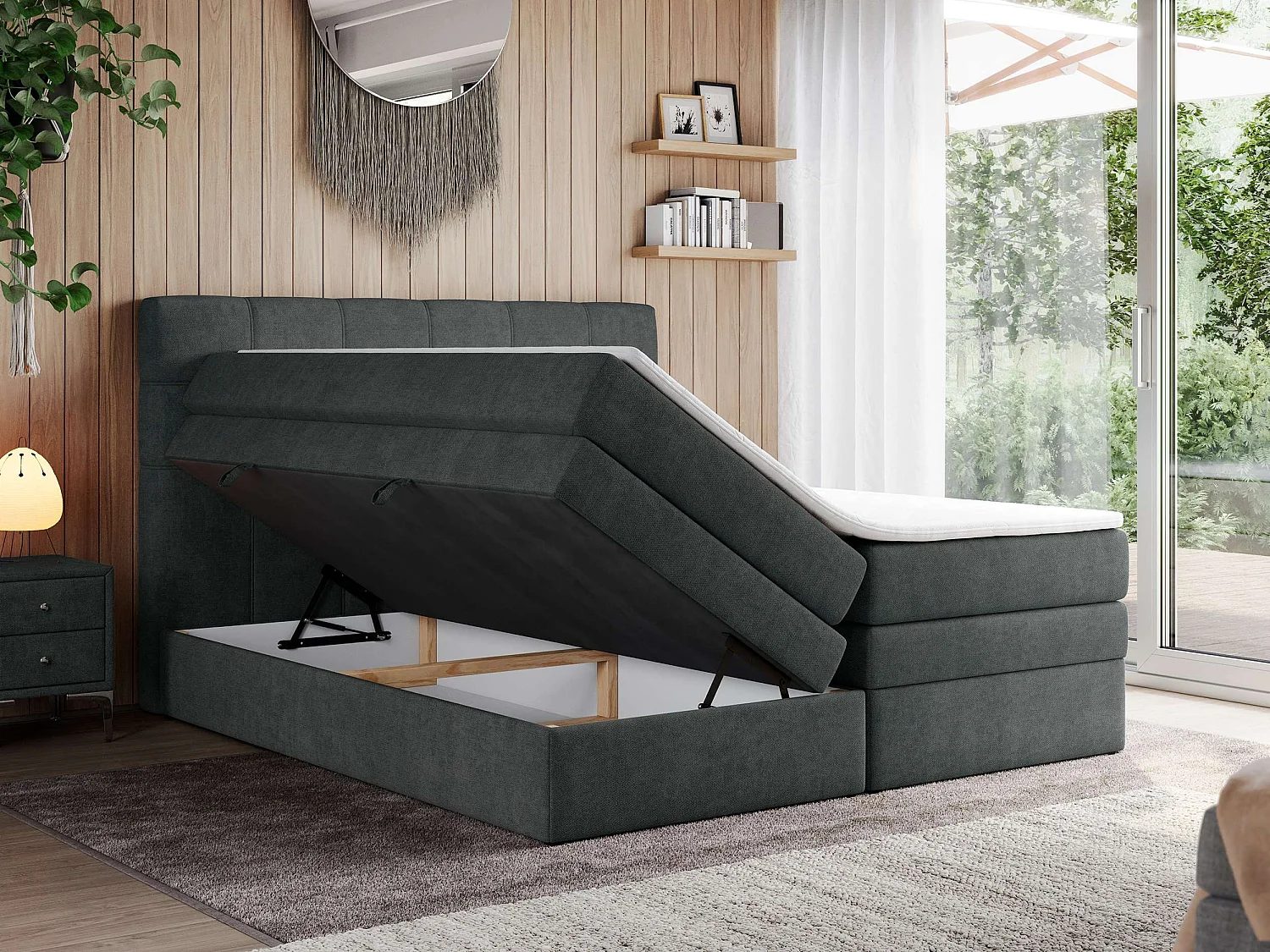 Boxspringbett ERNI KING, gestepptes Kopfteil, zwei Multipocket-Matratze und Topper, mit Stauraum - 120x200 cm - H3 - Dunkelgrau Strukture