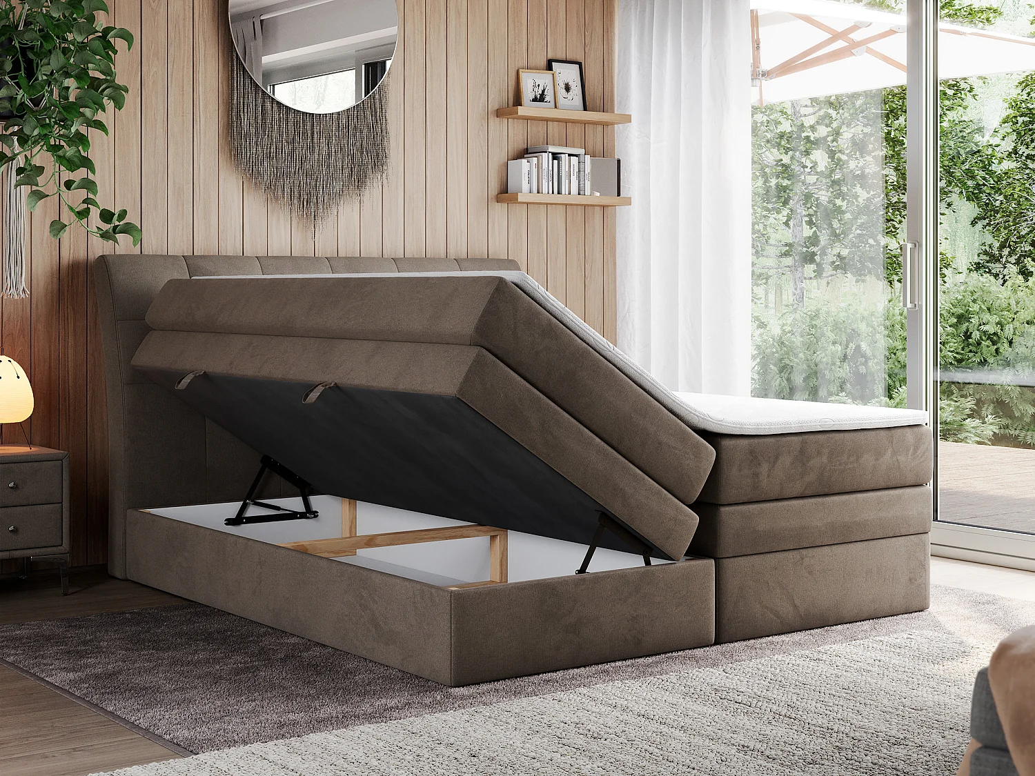 Boxspringbett GOLD 10 KING mit genähtes Kopfteil und Stauraum, zwei Multipocket-Matratze - 200x200 cm - H4 - Braun Velvet