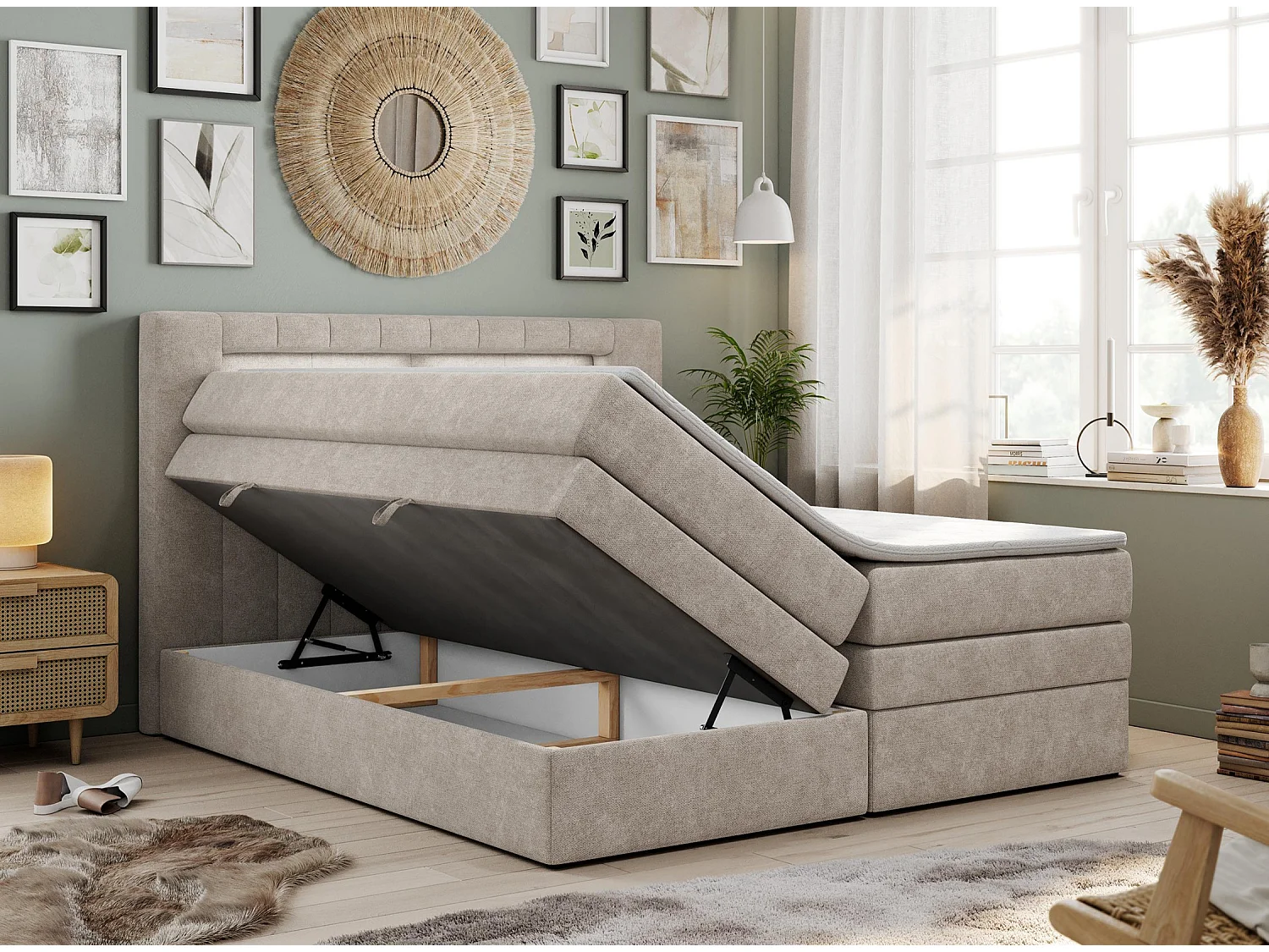 Boxspringbett GOLD 5 KING mit Stauraum, zwei Bettkästen, LED-Beleuchtung, Multipocket-Matratze - 200x200 cm - H3 - Beige Strukture