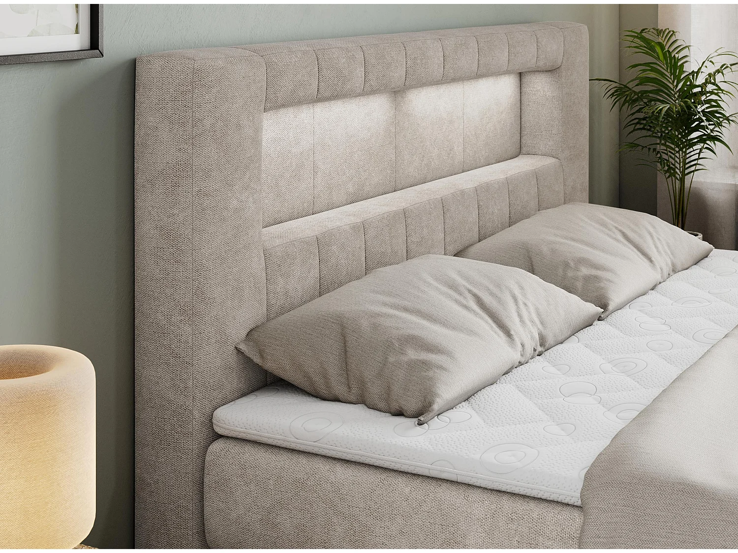 Boxspringbett GOLD 5 KING mit Stauraum, zwei Bettkästen, LED-Beleuchtung, Multipocket-Matratze - 200x200 cm - H3 - Beige Strukture