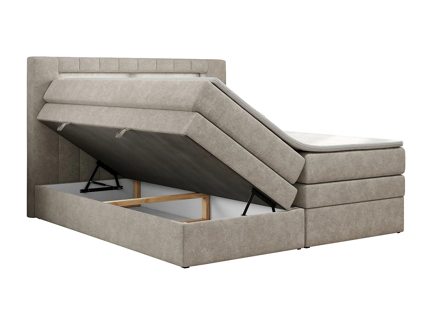 Boxspringbett GOLD 5 KING mit Stauraum, zwei Bettkästen, LED-Beleuchtung, Multipocket-Matratze - 200x200 cm - H3 - Beige Strukture