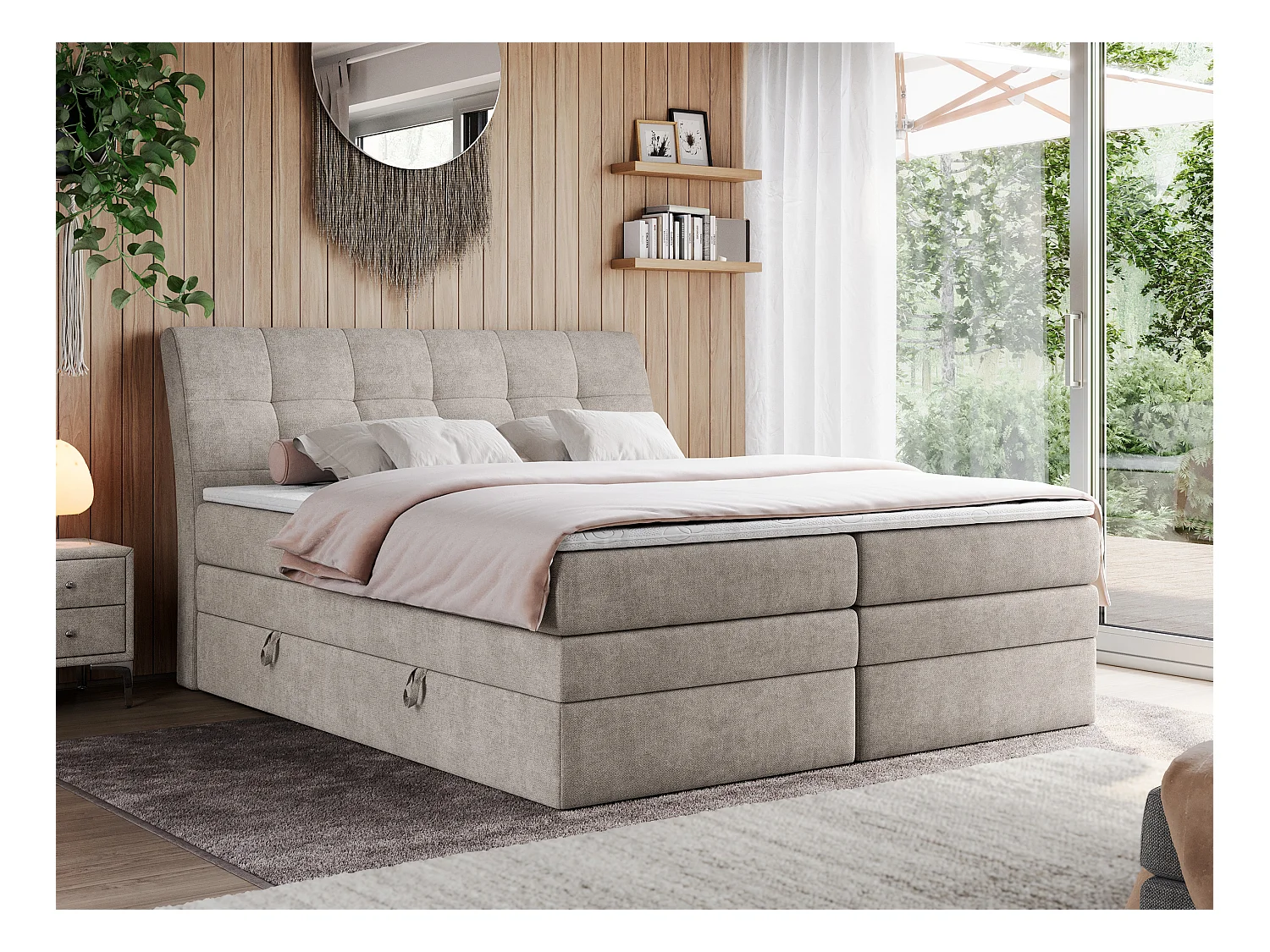 Boxspringbett GOLD 10 KING mit genähtes Kopfteil und Stauraum, zwei Multipocket-Matratze - 160x200 cm - H3 - Beige Strukture