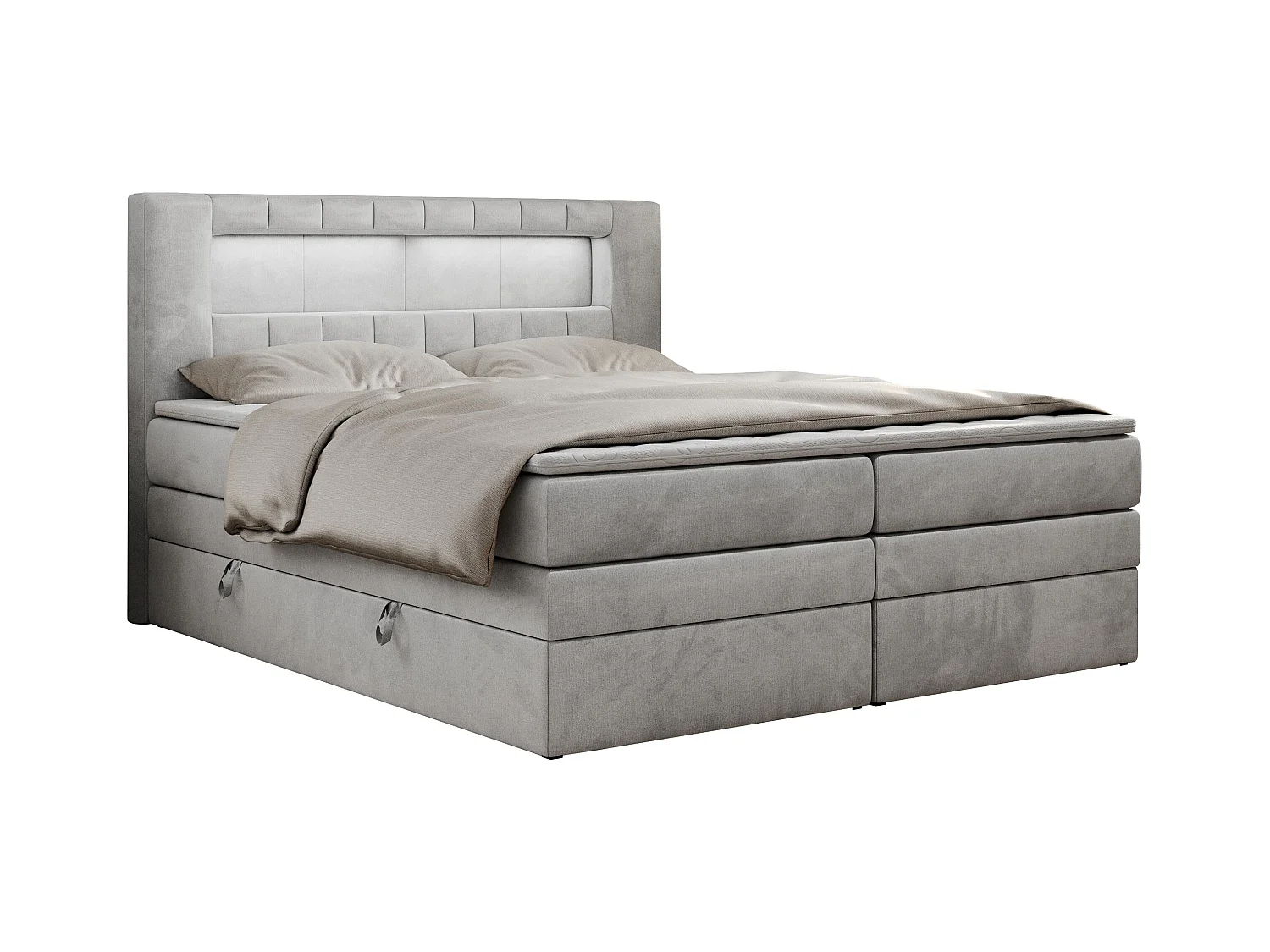 Boxspringbett GOLD 5 KING mit Stauraum, zwei Bettkästen, LED-Beleuchtung, Multipocket-Matratze - 140x200 cm - H4 - Hellgrau Velvet