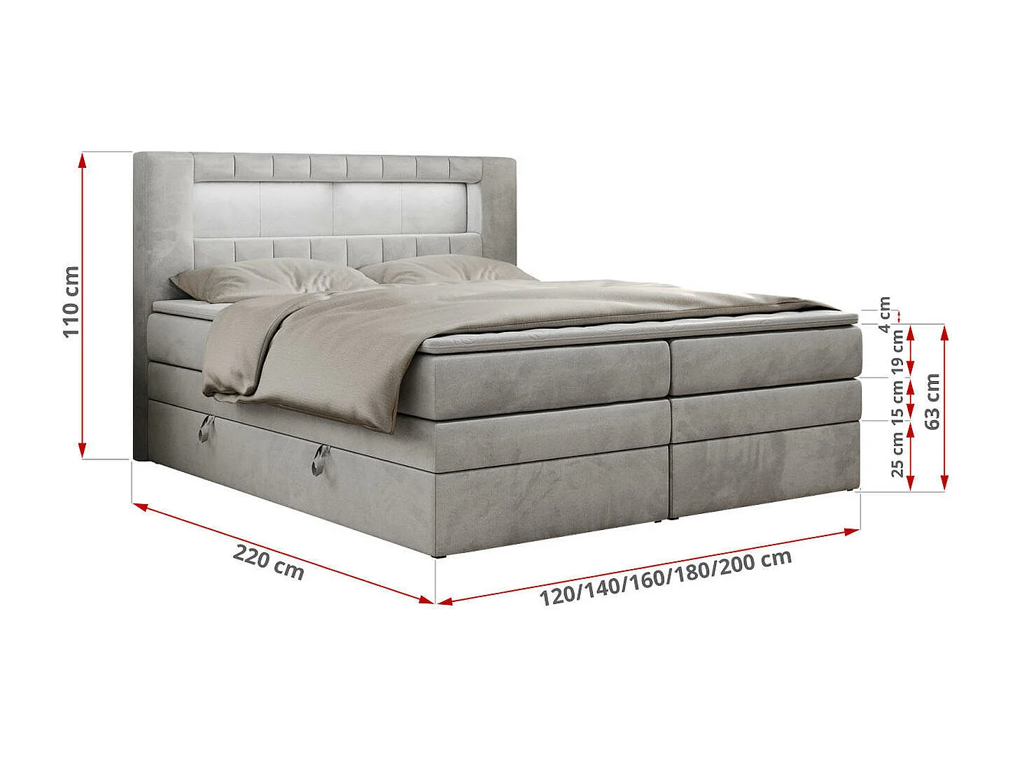 Boxspringbett GOLD 5 KING mit Stauraum, zwei Bettkästen, LED-Beleuchtung, Multipocket-Matratze - 140x200 cm - H4 - Hellgrau Velvet
