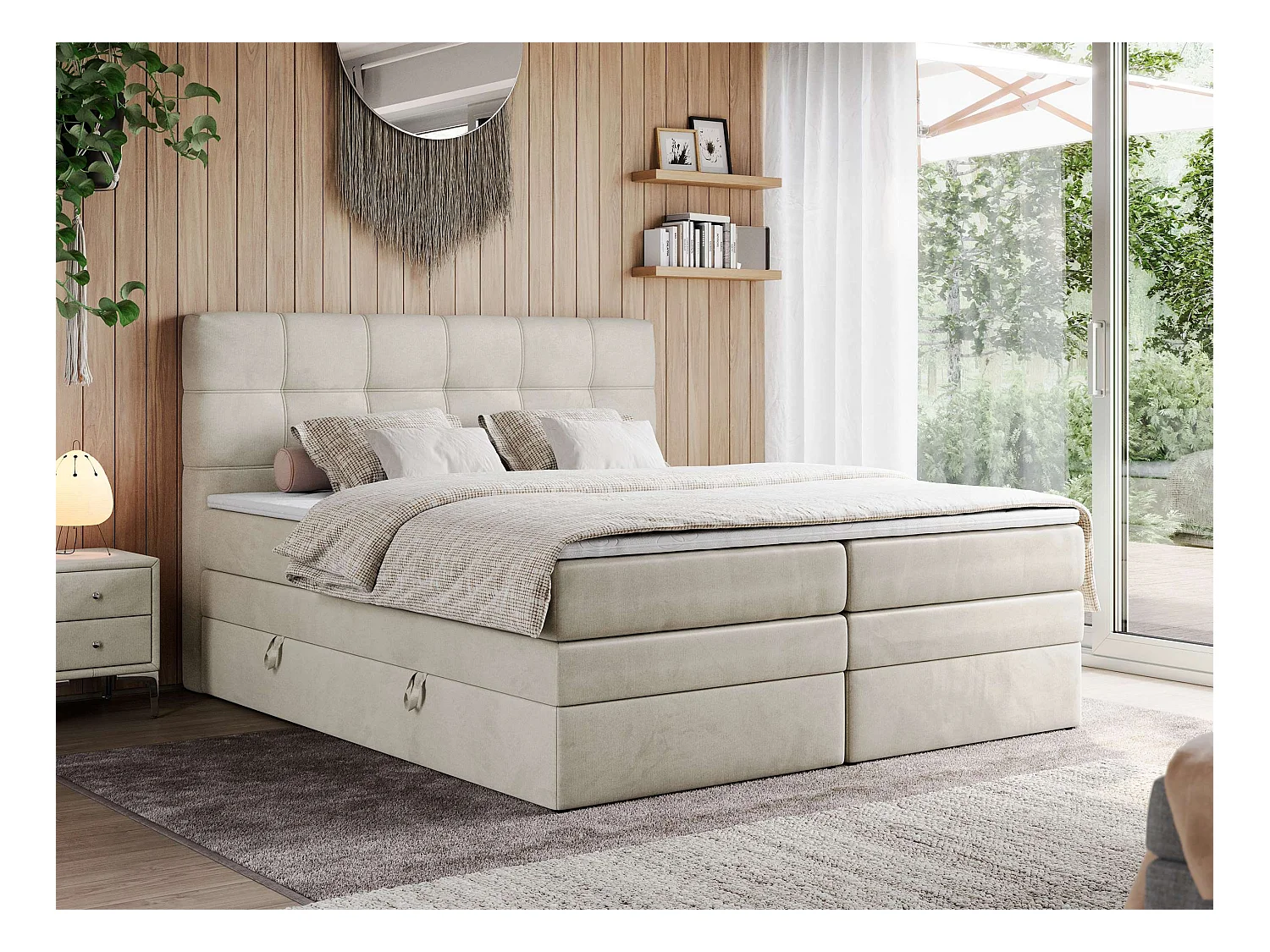 Boxspringbett ERNI KING, gestepptes Kopfteil, zwei Multipocket-Matratze und Topper, mit Stauraum - 140x200 cm - H3 - Beige Velvet