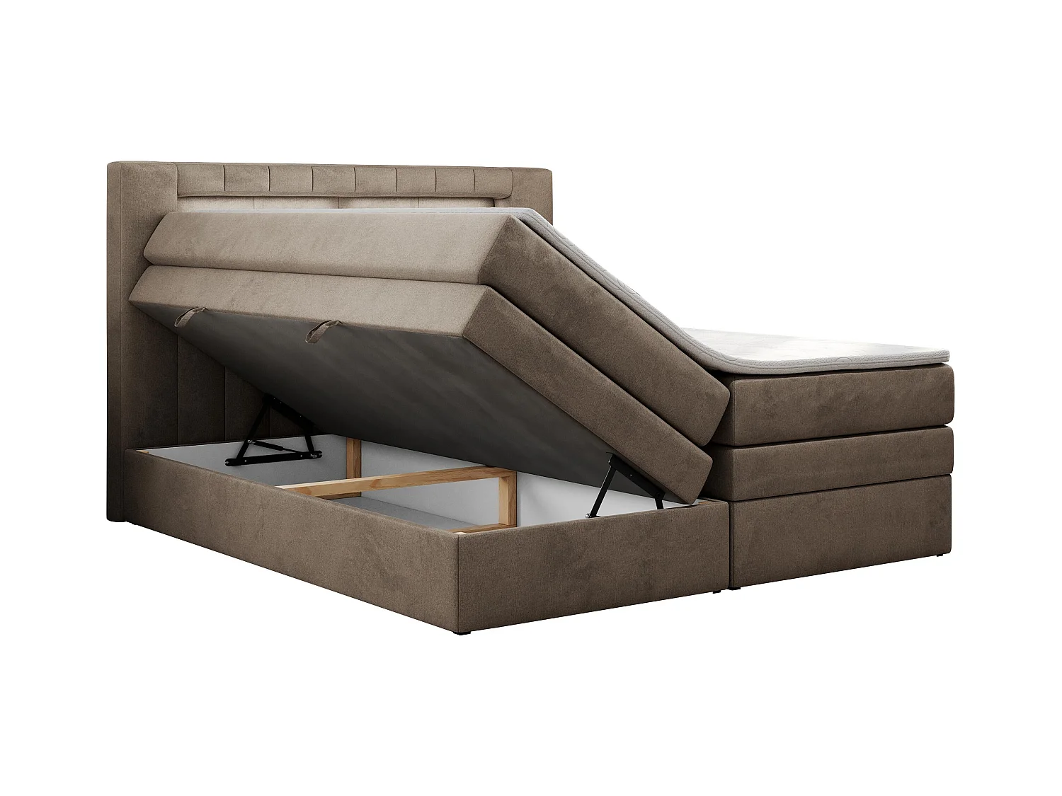 Boxspringbett GOLD 5 KING mit Stauraum, zwei Bettkästen, LED-Beleuchtung, Multipocket-Matratze - 200x200 cm - H4 - Braun Velvet