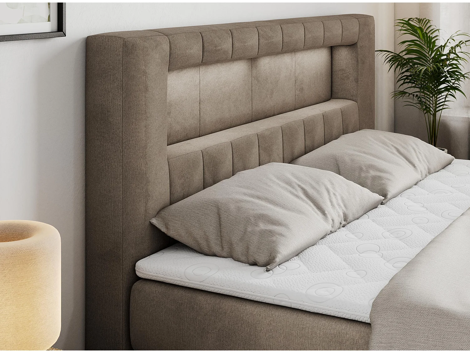 Boxspringbett GOLD 5 KING mit Stauraum, zwei Bettkästen, LED-Beleuchtung, Multipocket-Matratze - 200x200 cm - H4 - Braun Velvet