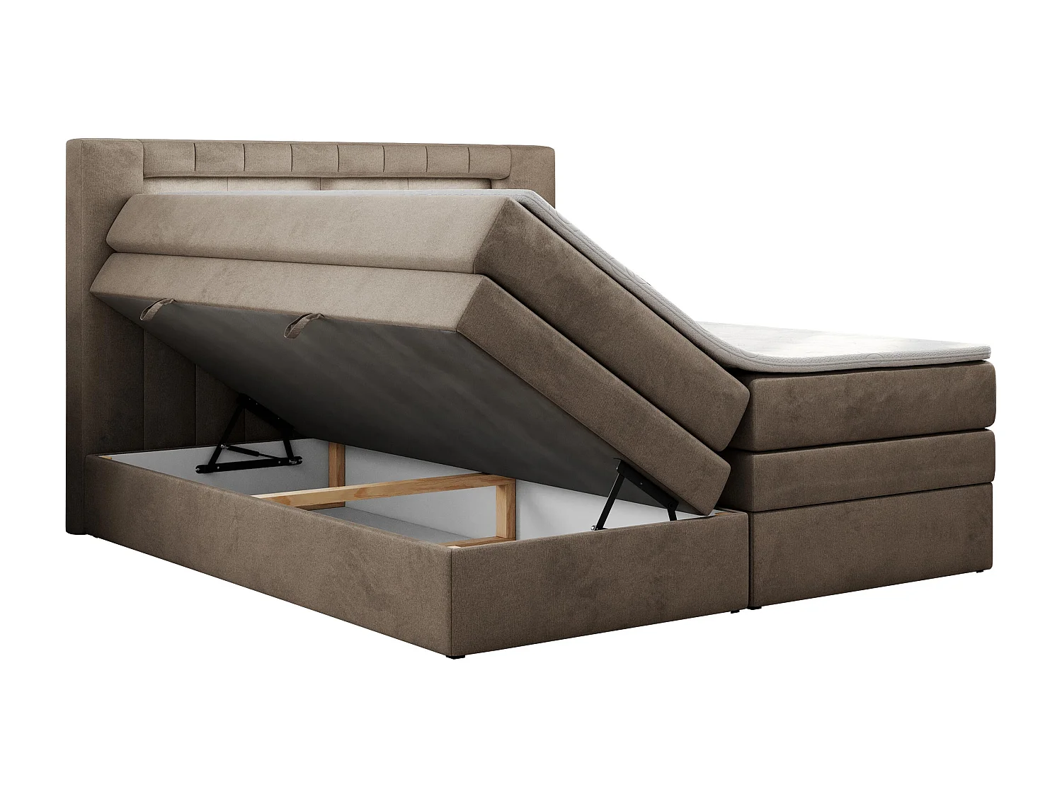 Boxspringbett GOLD 5 KING mit Stauraum, zwei Bettkästen, LED-Beleuchtung, Multipocket-Matratze - 200x200 cm - H4 - Braun Velvet