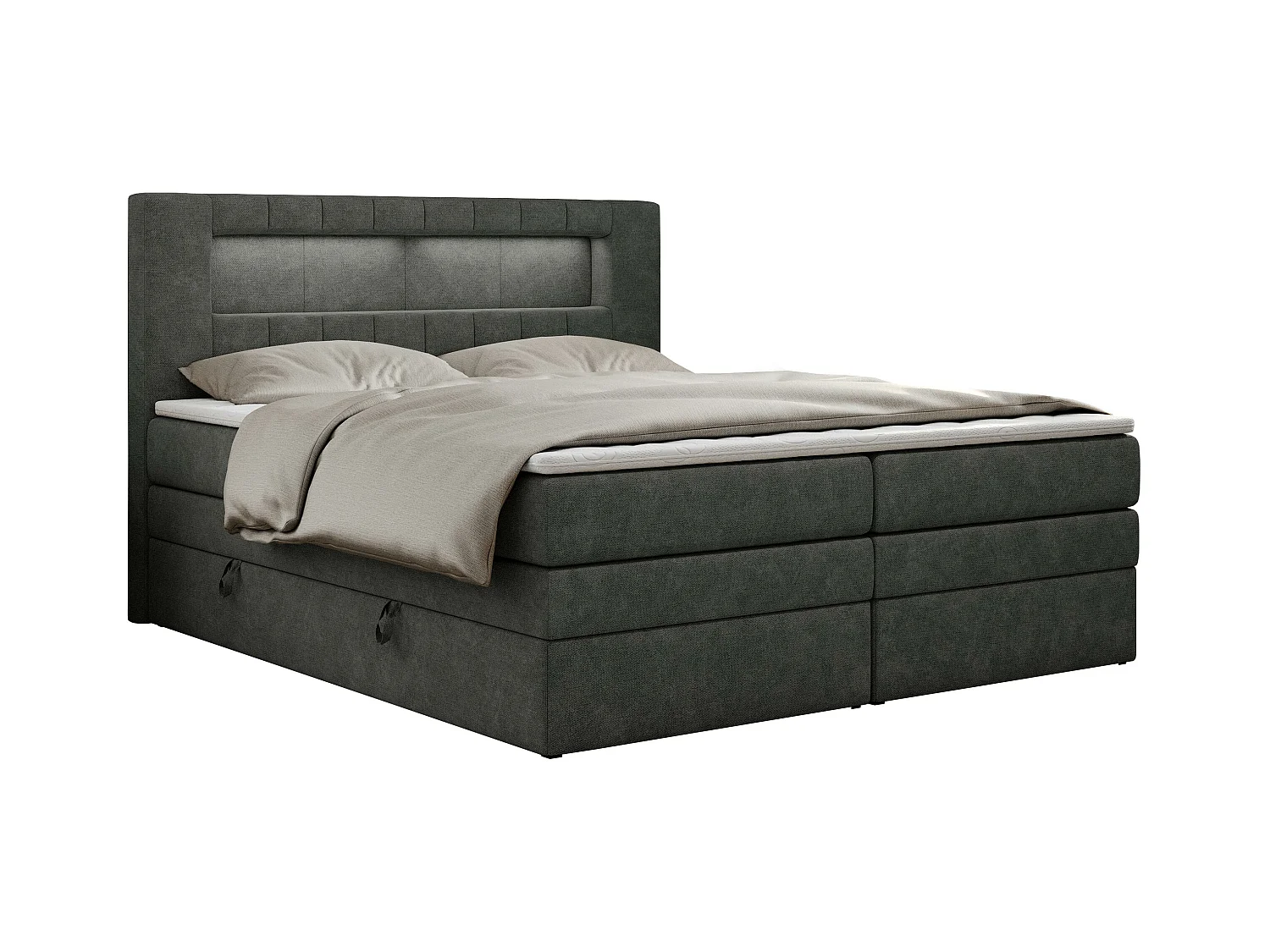 Boxspringbett GOLD 5 KING mit Stauraum, zwei Bettkästen, LED-Beleuchtung, Multipocket-Matratze - 180x200 cm - H3 - Dunkelgrau Strukture
