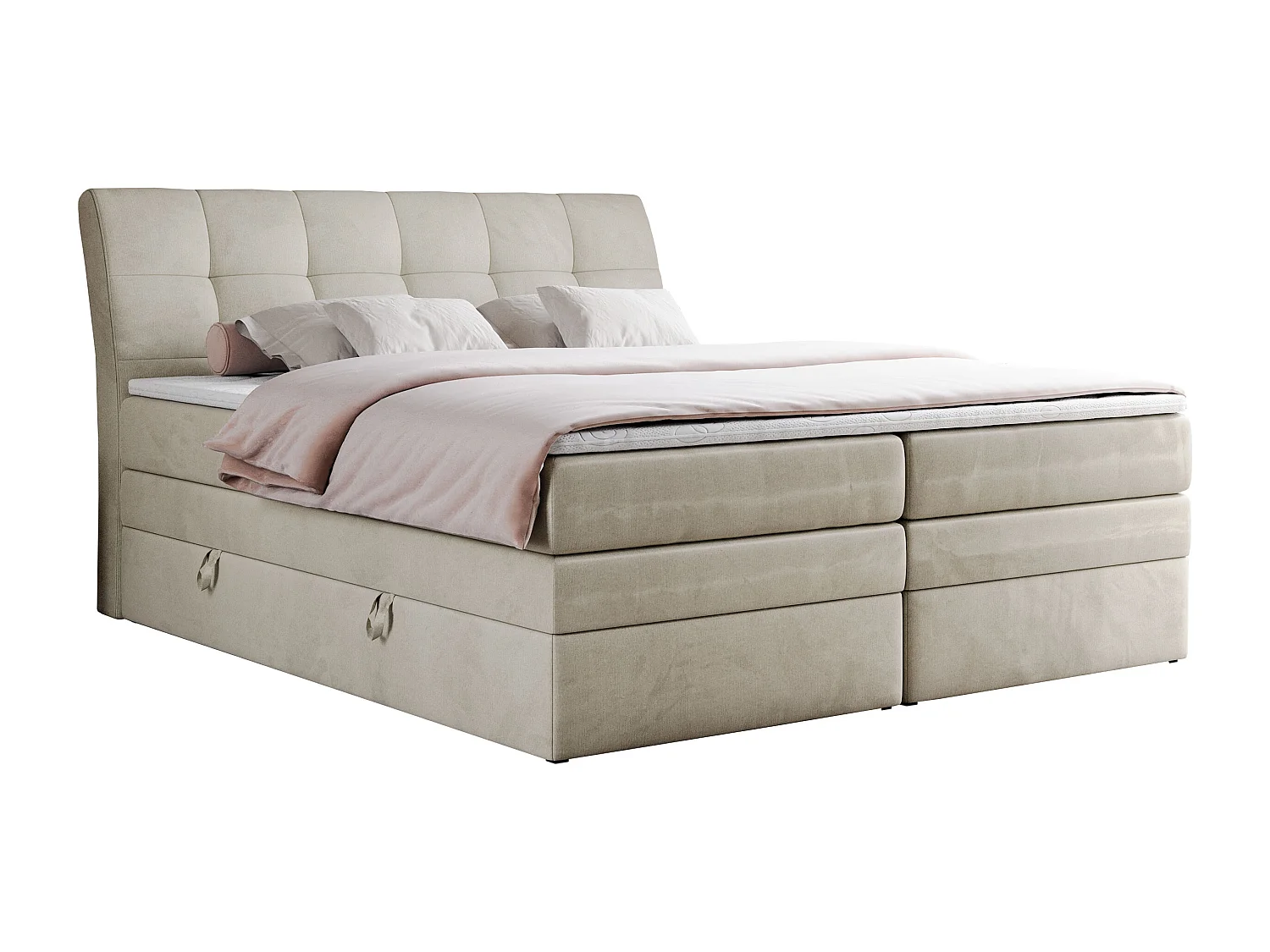 Boxspringbett GOLD 10 KING mit genähtes Kopfteil und Stauraum, zwei Multipocket-Matratze - 120x200 cm - H4 - Beige Velvet