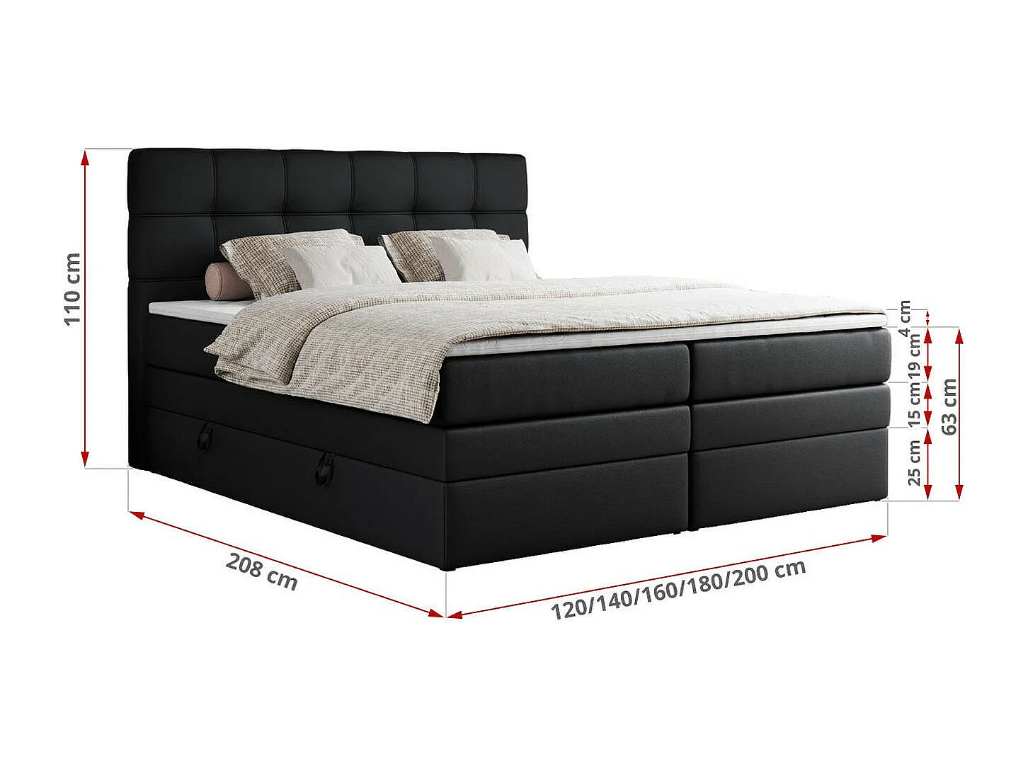 Boxspringbett ERNI KING, gestepptes Kopfteil, zwei Multipocket-Matratze und Topper, mit Stauraum - 200x200 cm - H3 - Schwarz Kunstleder