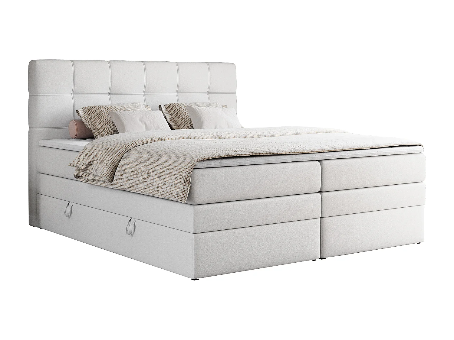 Boxspringbett ERNI KING, gestepptes Kopfteil, zwei Multipocket-Matratze und Topper, mit Stauraum - 180x200 cm - H4 - Weiß Kunstleder