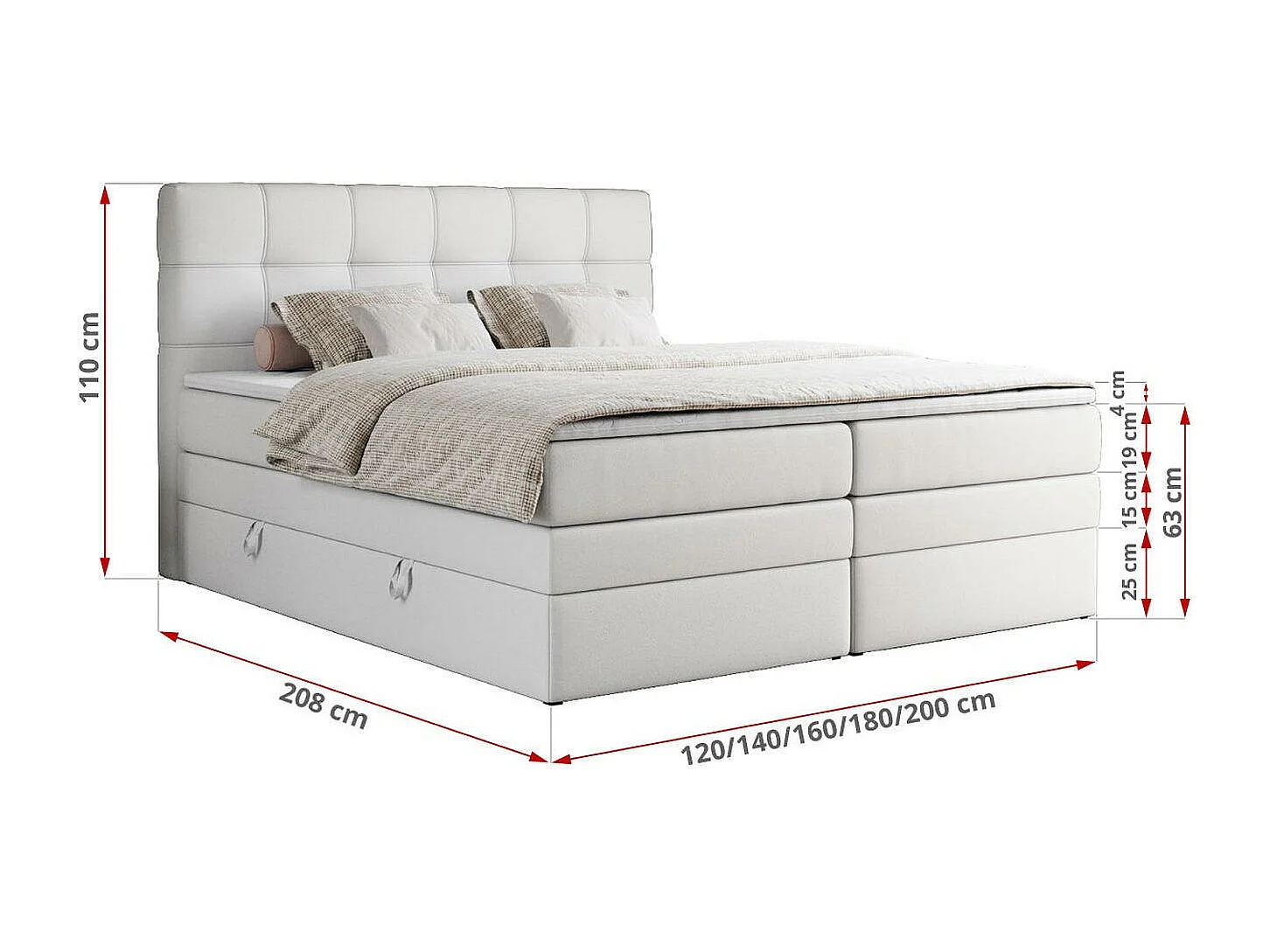 Boxspringbett ERNI KING, gestepptes Kopfteil, zwei Multipocket-Matratze und Topper, mit Stauraum - 180x200 cm - H4 - Weiß Kunstleder