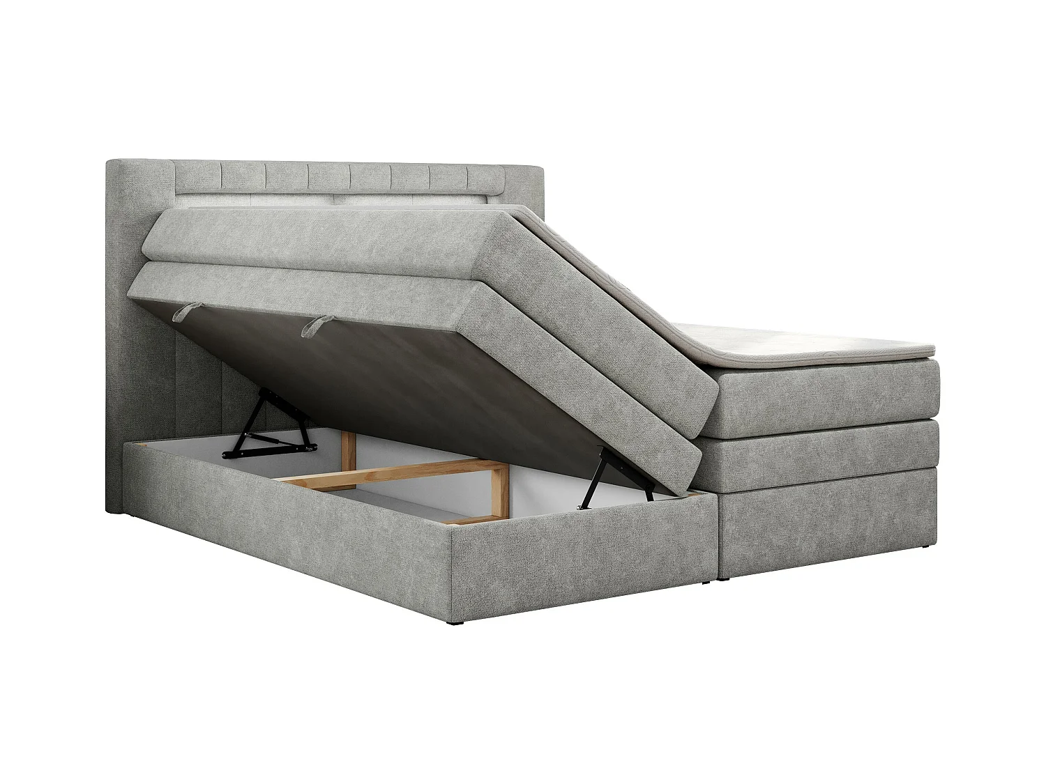 Boxspringbett GOLD 5 KING mit Stauraum, zwei Bettkästen, LED-Beleuchtung, Multipocket-Matratze - 180x200 cm - H4 - Hellgrau Strukture