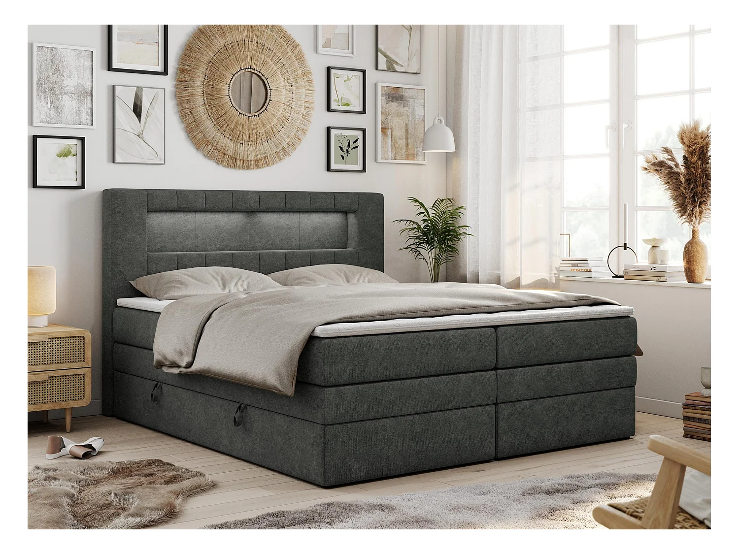 Boxspringbett GOLD 5 KING mit Stauraum, zwei Bettkästen, LED-Beleuchtung, Multipocket-Matratze - 160x200 cm - H4 - Dunkelgrau Strukture