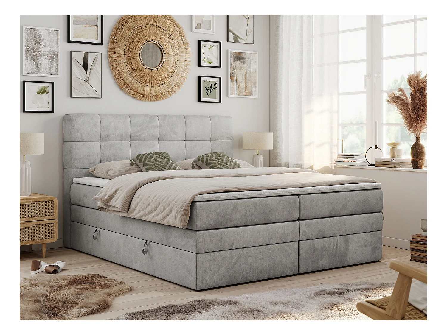 Boxspringbett LUKA KING, mit gestepptem Kopfteil, zwei Bettkästen, Multipocket-Matratze und Topper - 140x200 cm - H4 - Hellgrau Velvet