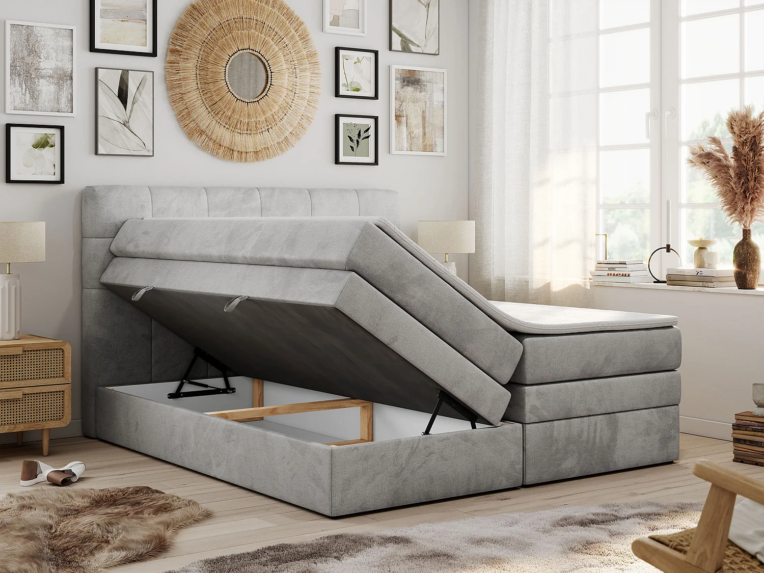 Boxspringbett LUKA KING, mit gestepptem Kopfteil, zwei Bettkästen, Multipocket-Matratze und Topper - 140x200 cm - H4 - Hellgrau Velvet