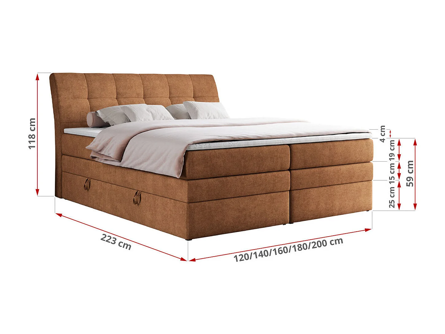 Boxspringbett GOLD 10 KING mit genähtes Kopfteil und Stauraum, zwei Multipocket-Matratze - 160x200 cm - H3 - Orange Strukture