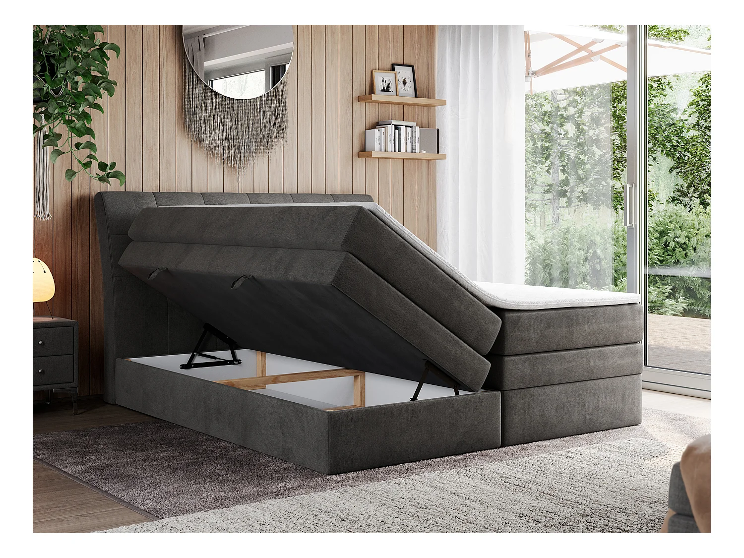 Boxspringbett GOLD 10 KING mit genähtes Kopfteil und Stauraum, zwei Multipocket-Matratze - 180x200 cm - H3 - Dunkelgrau Velvet