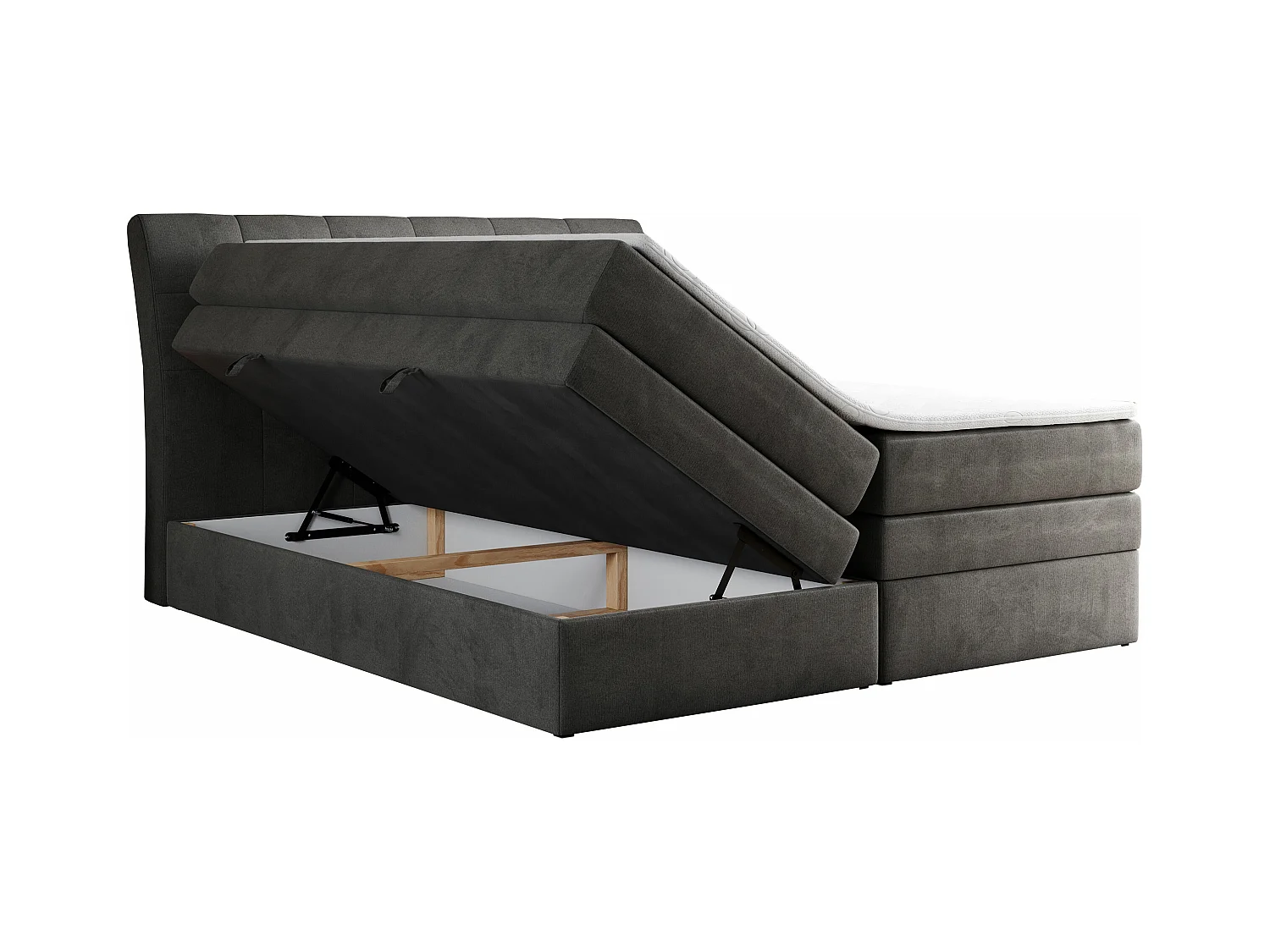 Boxspringbett GOLD 10 KING mit genähtes Kopfteil und Stauraum, zwei Multipocket-Matratze - 180x200 cm - H3 - Dunkelgrau Velvet