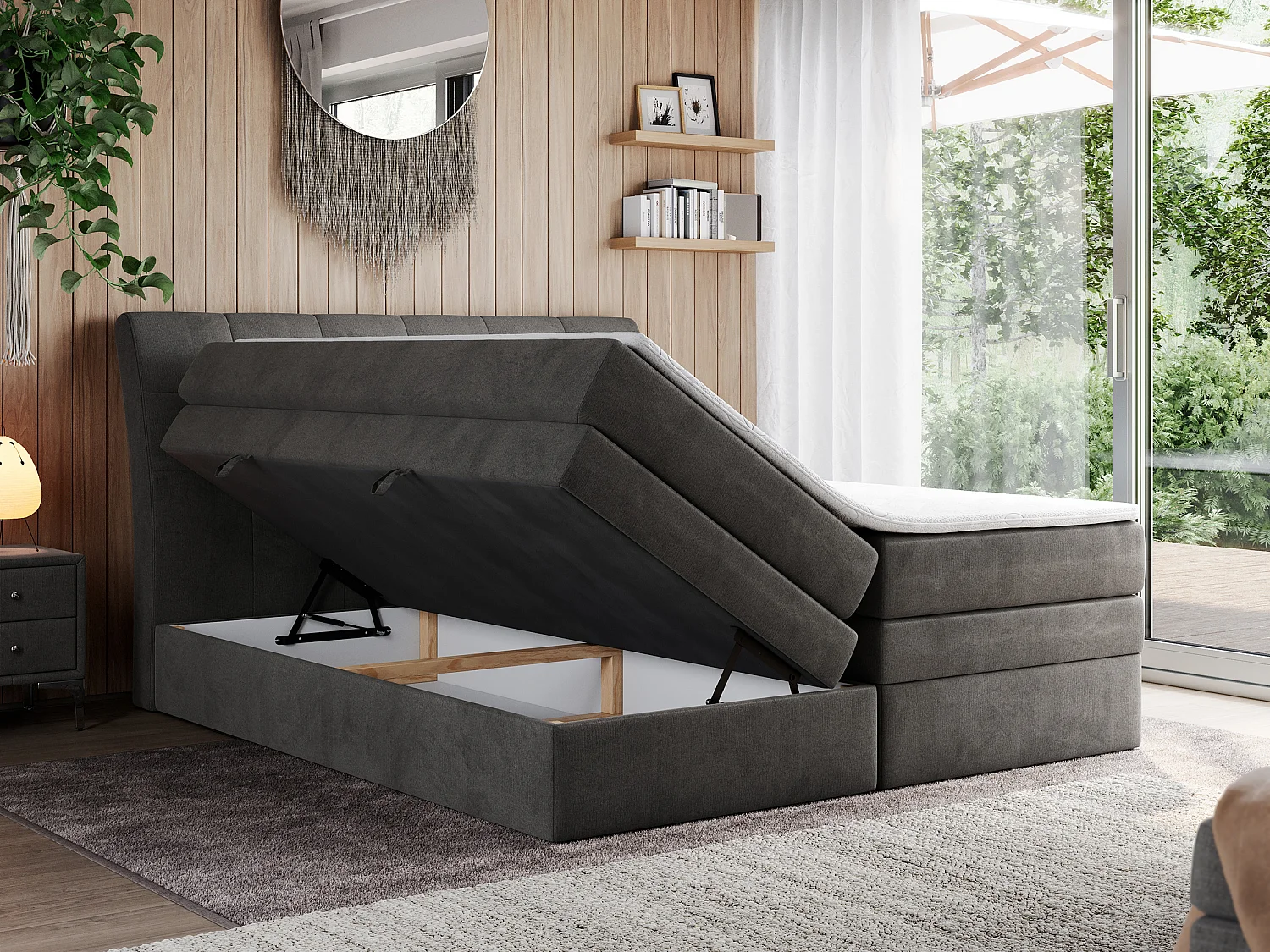 Boxspringbett GOLD 10 KING mit genähtes Kopfteil und Stauraum, zwei Multipocket-Matratze - 180x200 cm - H3 - Dunkelgrau Velvet