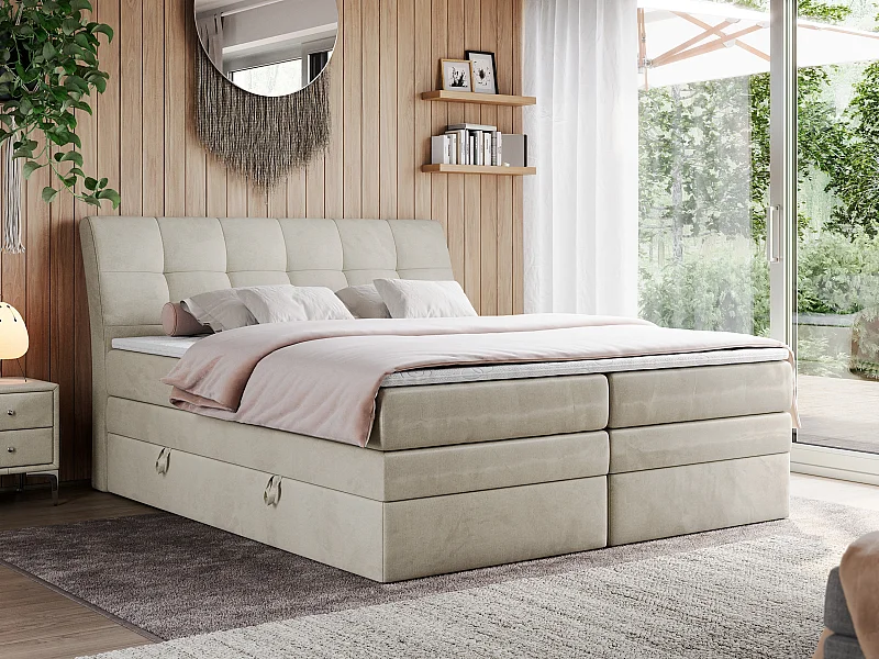 Boxspringbett GOLD 10 KING mit genähtes Kopfteil und Stauraum, zwei Multipocket-Matratze - 160x200 cm - H3 - Beige Velvet