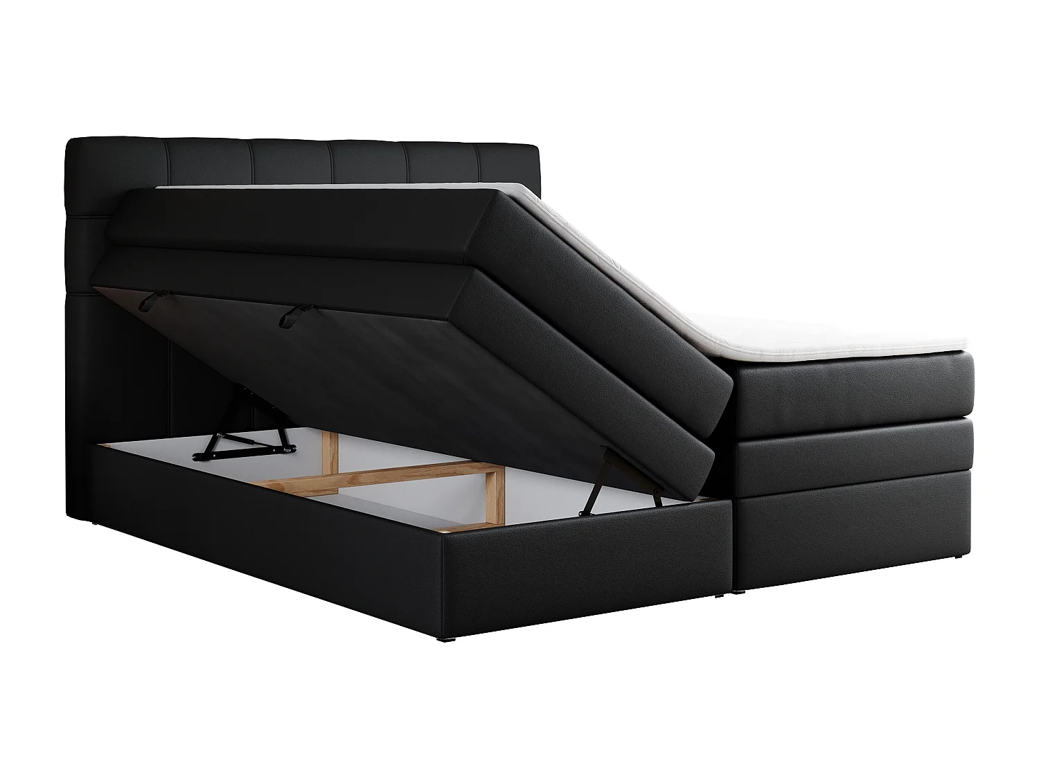 Boxspringbett ERNI KING, gestepptes Kopfteil, zwei Multipocket-Matratze und Topper, mit Stauraum - 120x200 cm - H4 - Schwarz Kunstleder