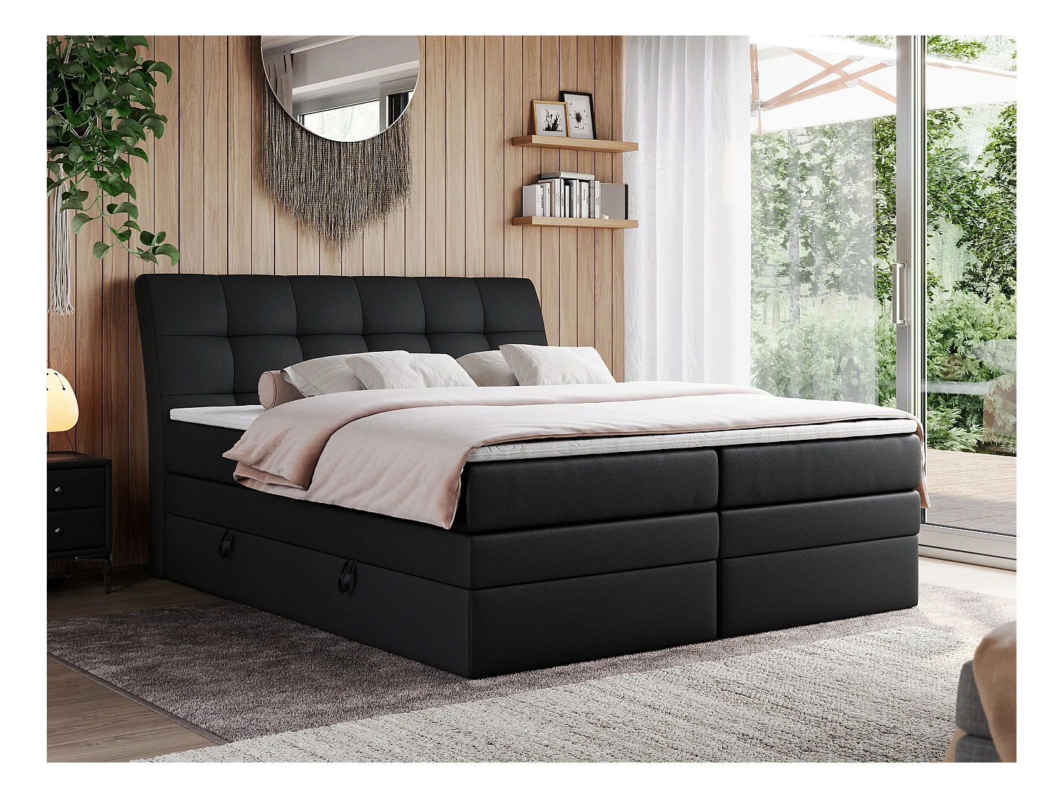 Boxspringbett GOLD 10 KING mit genähtes Kopfteil und Stauraum, zwei Multipocket-Matratze - 200x200 cm - H3 - Schwarz Kunstleder