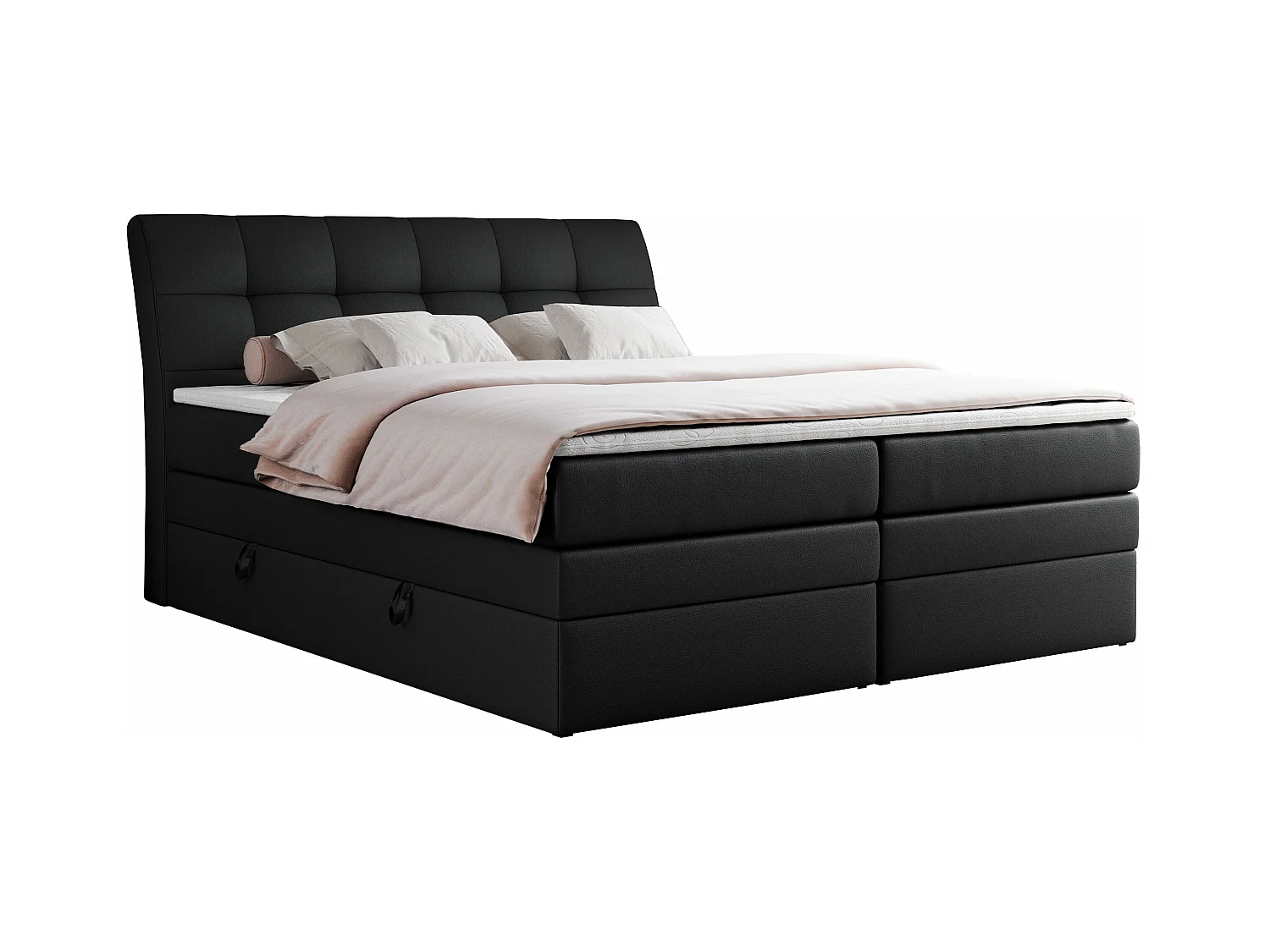 Boxspringbett GOLD 10 KING mit genähtes Kopfteil und Stauraum, zwei Multipocket-Matratze - 200x200 cm - H3 - Schwarz Kunstleder