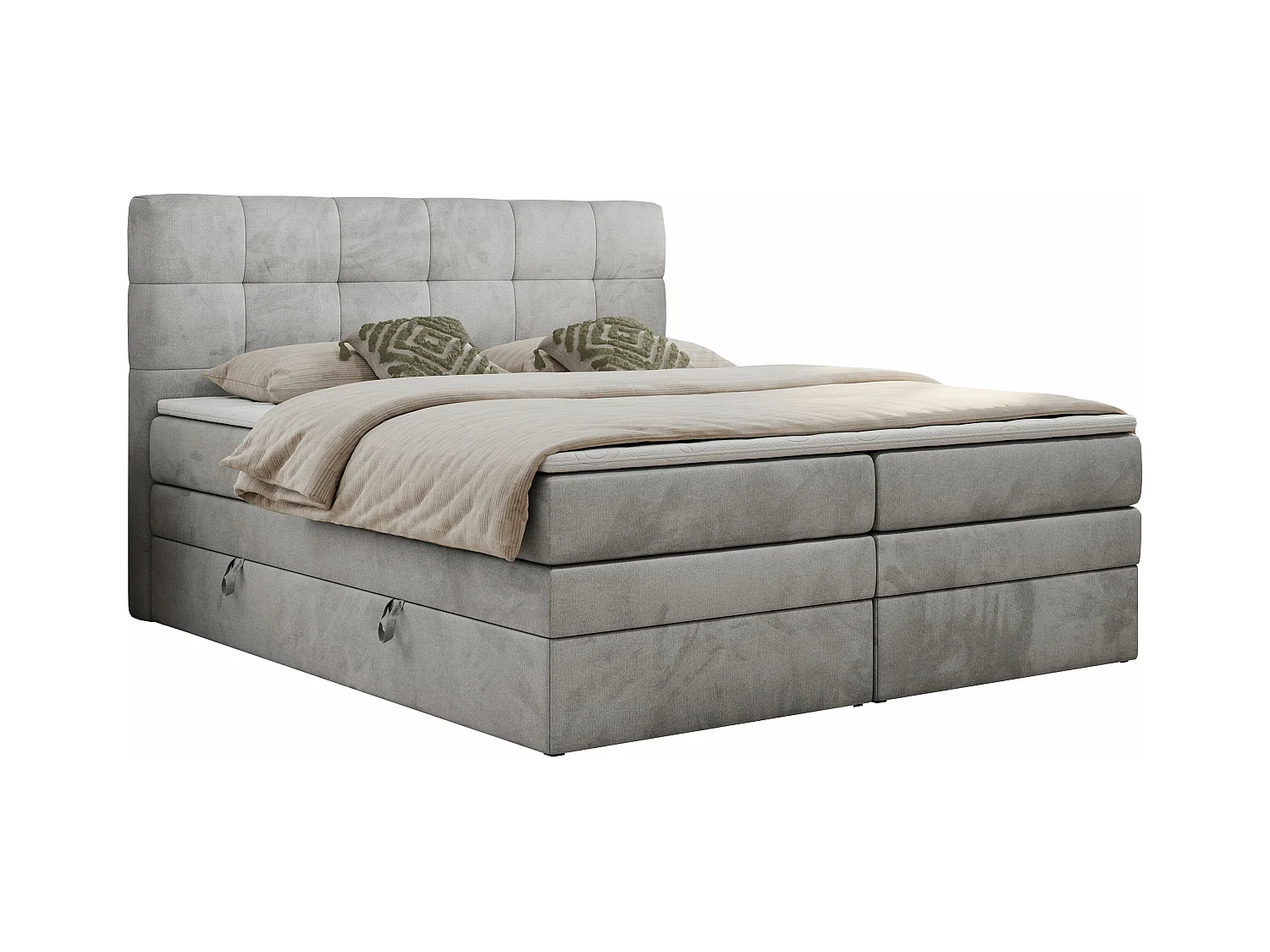 Boxspringbett LUKA KING, mit gestepptem Kopfteil, zwei Bettkästen, Multipocket-Matratze und Topper - 120x200 cm - H3 - Hellgrau Velvet