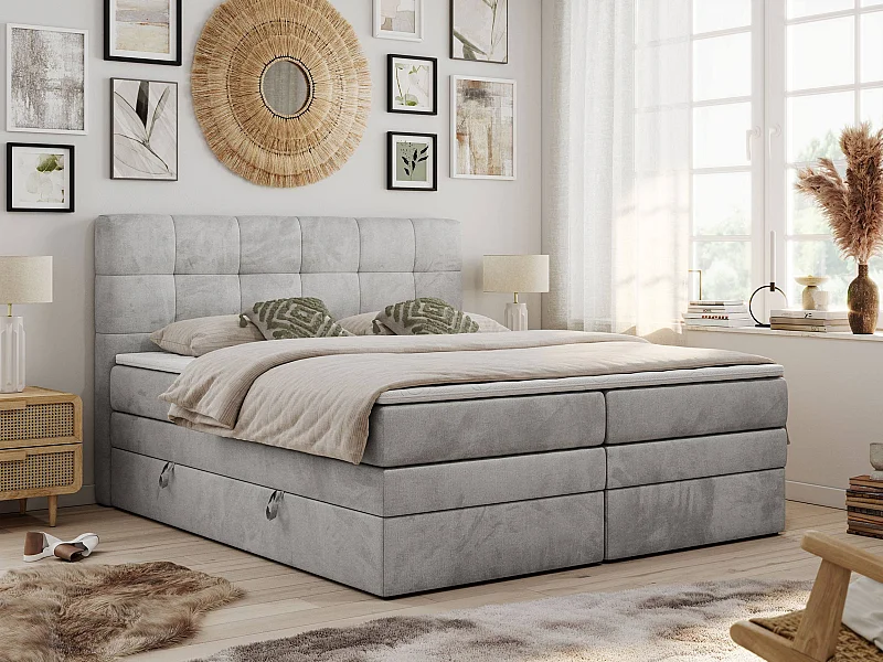 Boxspringbett LUKA KING, mit gestepptem Kopfteil, zwei Bettkästen, Multipocket-Matratze und Topper - 120x200 cm - H3 - Hellgrau Velvet