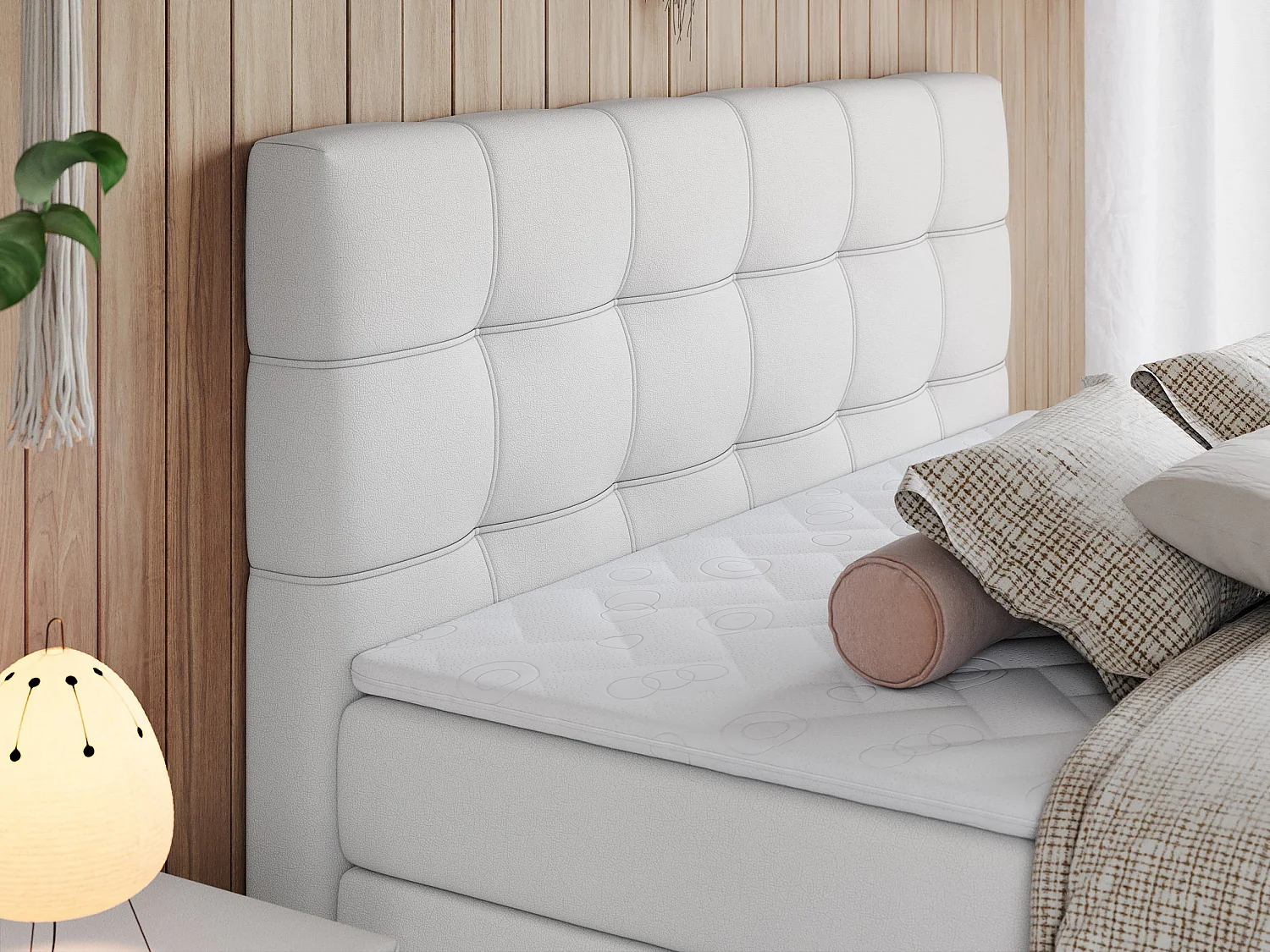 Boxspringbett ERNI KING, gestepptes Kopfteil, zwei Multipocket-Matratze und Topper, mit Stauraum - 140x200 cm - H3 - Weiß Kunstleder