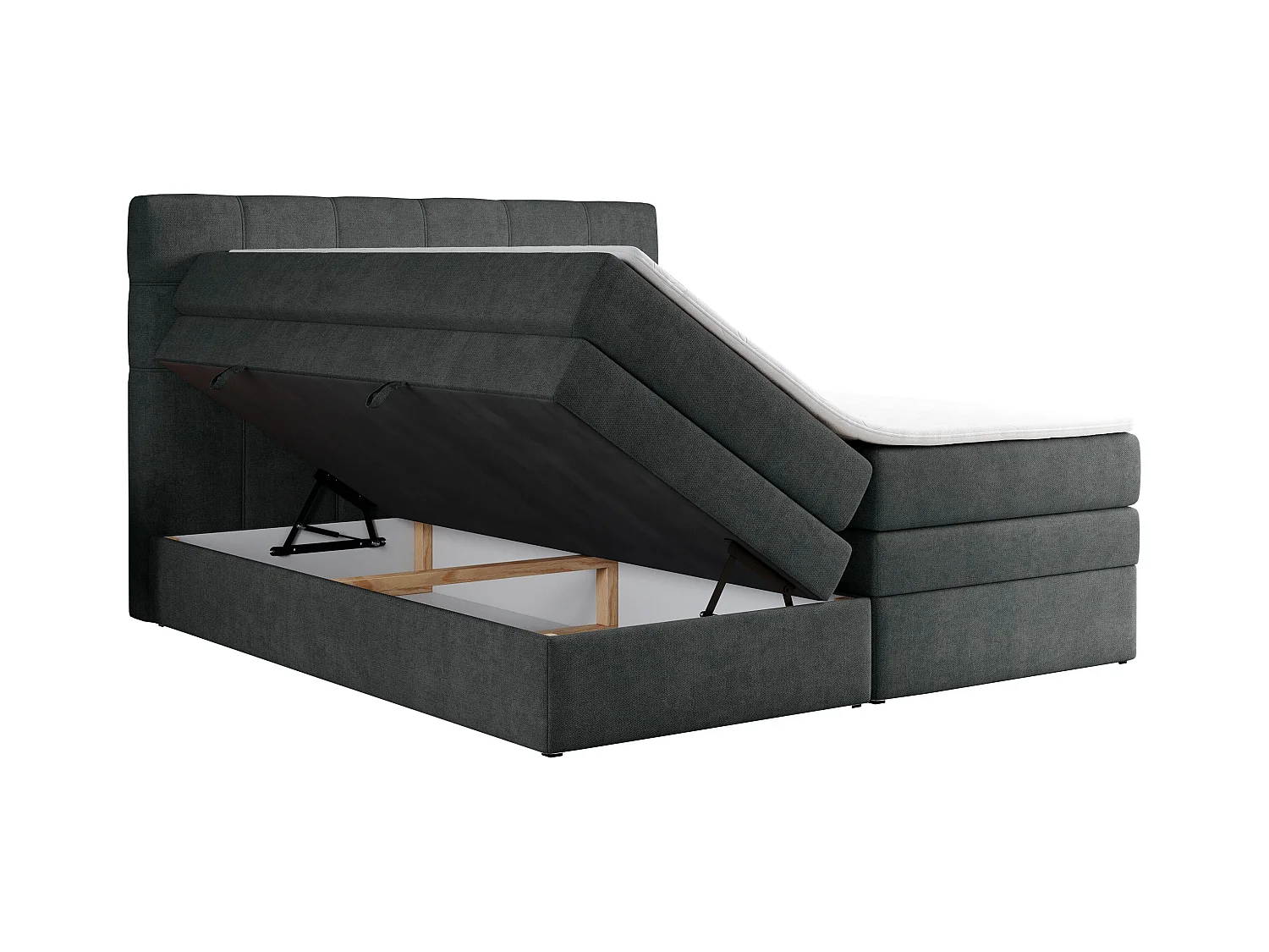 Boxspringbett ERNI KING, gestepptes Kopfteil, zwei Multipocket-Matratze und Topper, mit Stauraum - 200x200 cm - H3 - Dunkelgrau Strukture