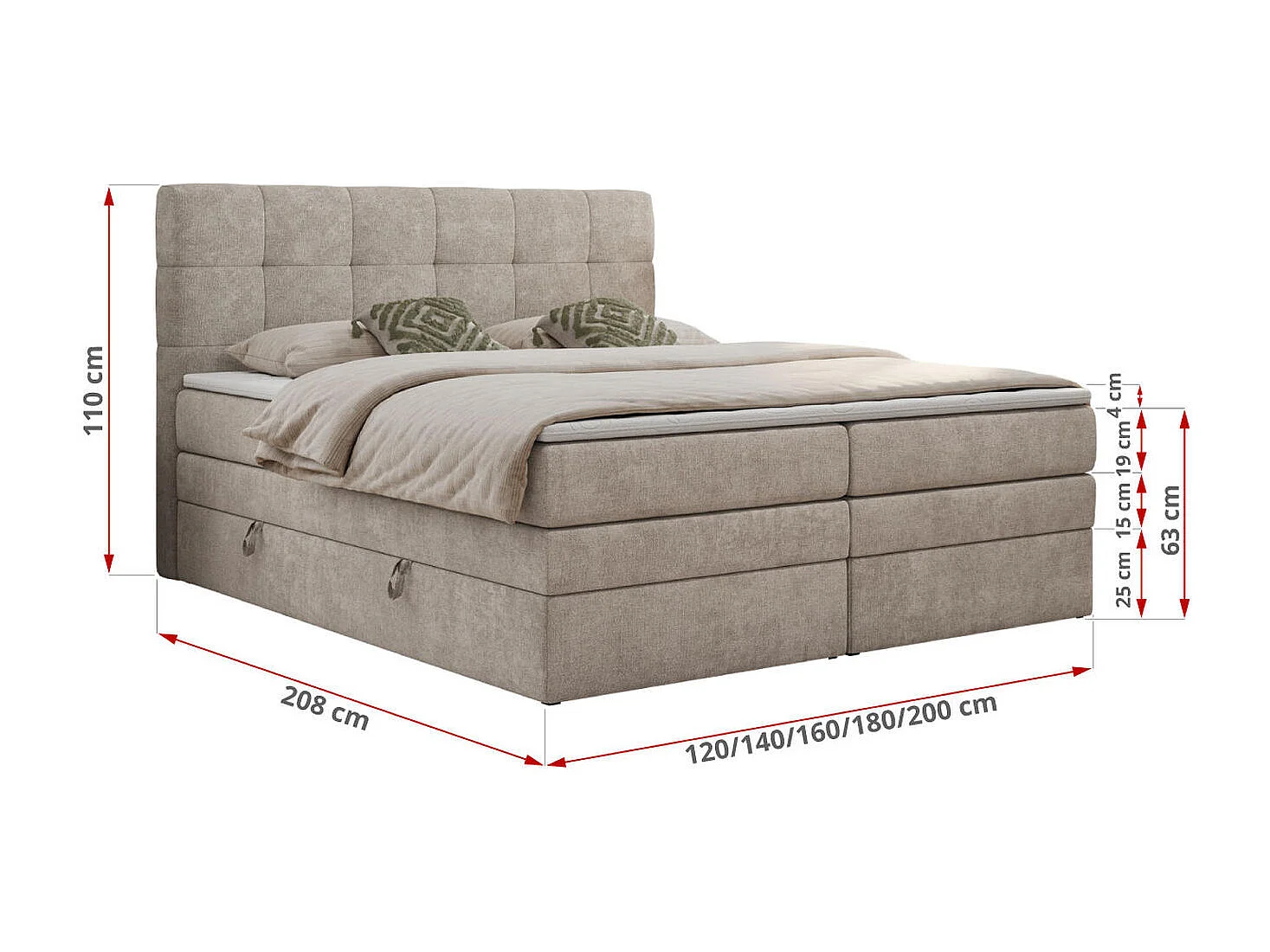 Boxspringbett LUKA KING, mit gestepptem Kopfteil, zwei Bettkästen, Multipocket-Matratze und Topper - 200x200 cm - H4 - Beige Strukture