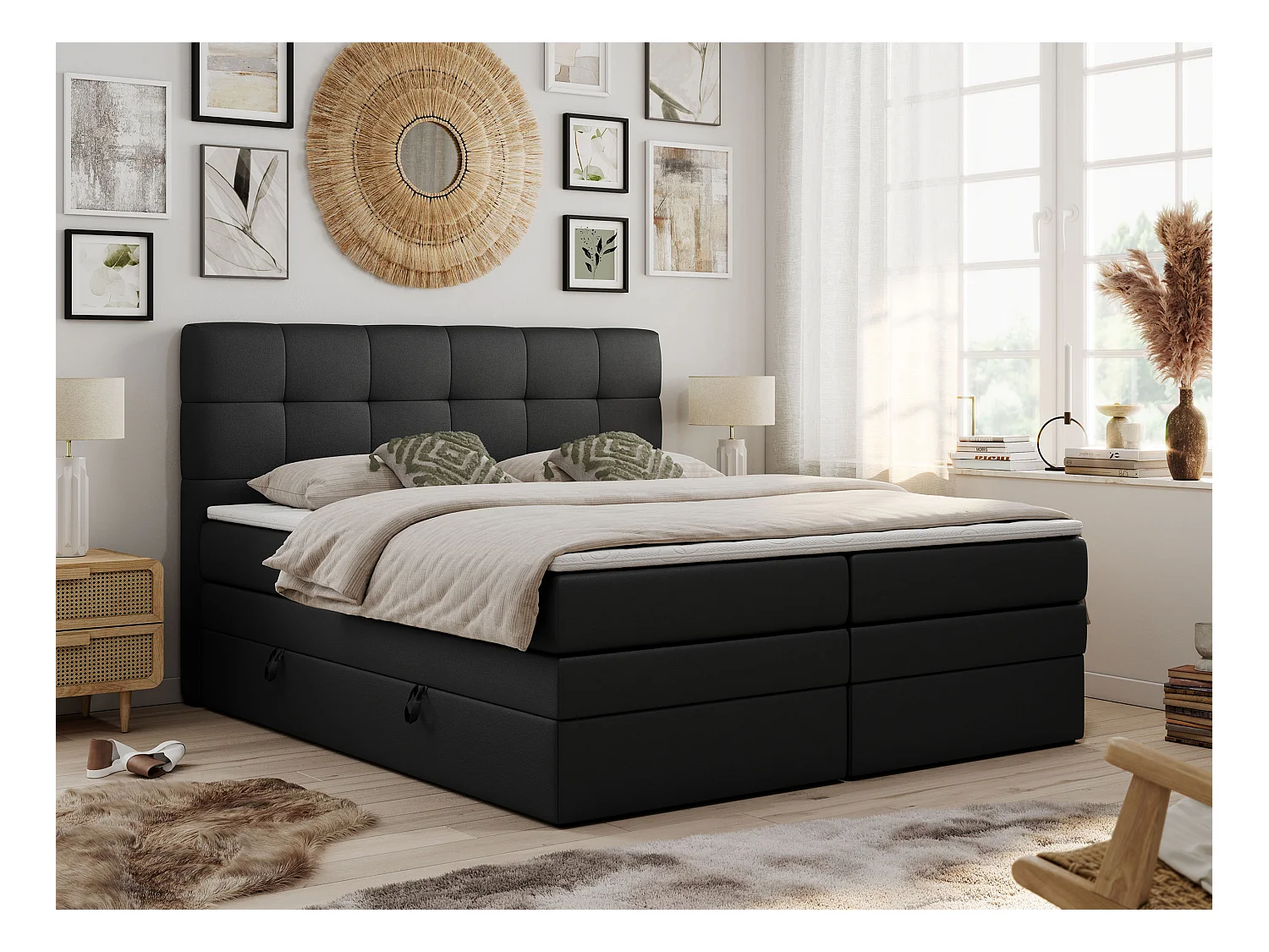 Boxspringbett LUKA KING, mit gestepptem Kopfteil, zwei Bettkästen, Multipocket-Matratze und Topper - 140x200 cm - H4 - Schwarz Kunstleder