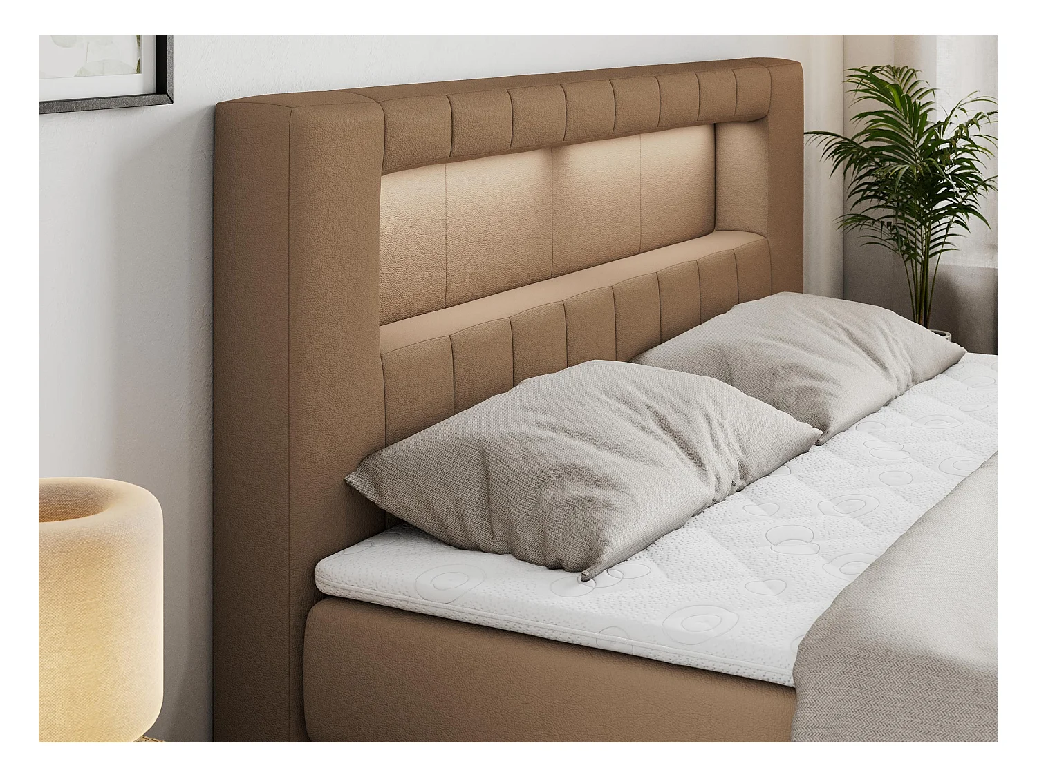 Boxspringbett GOLD 5 KING mit Stauraum, zwei Bettkästen, LED-Beleuchtung, Multipocket-Matratze - 180x200 cm - H4 - Braun Kunstleder