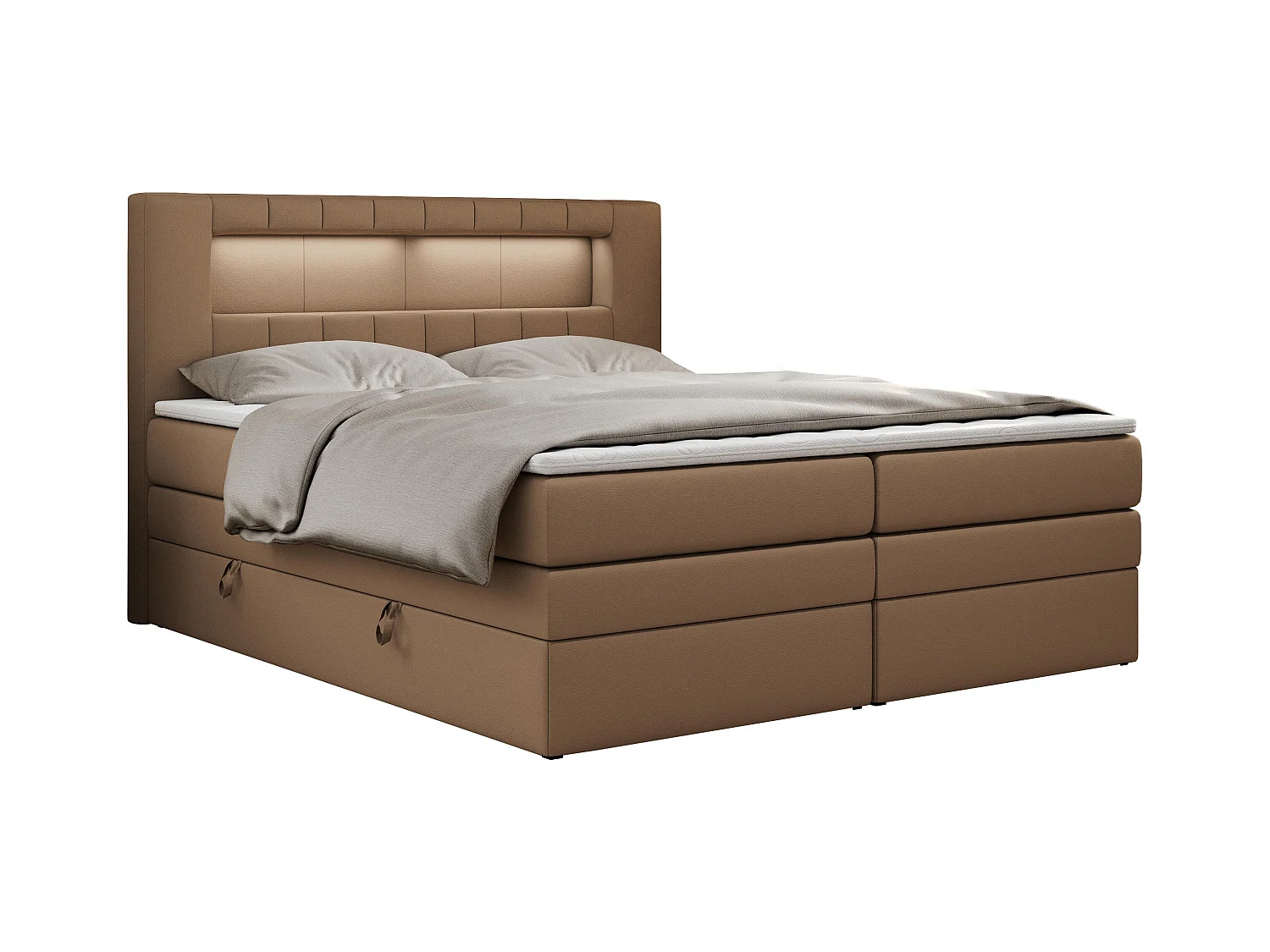 Boxspringbett GOLD 5 KING mit Stauraum, zwei Bettkästen, LED-Beleuchtung, Multipocket-Matratze - 180x200 cm - H4 - Braun Kunstleder