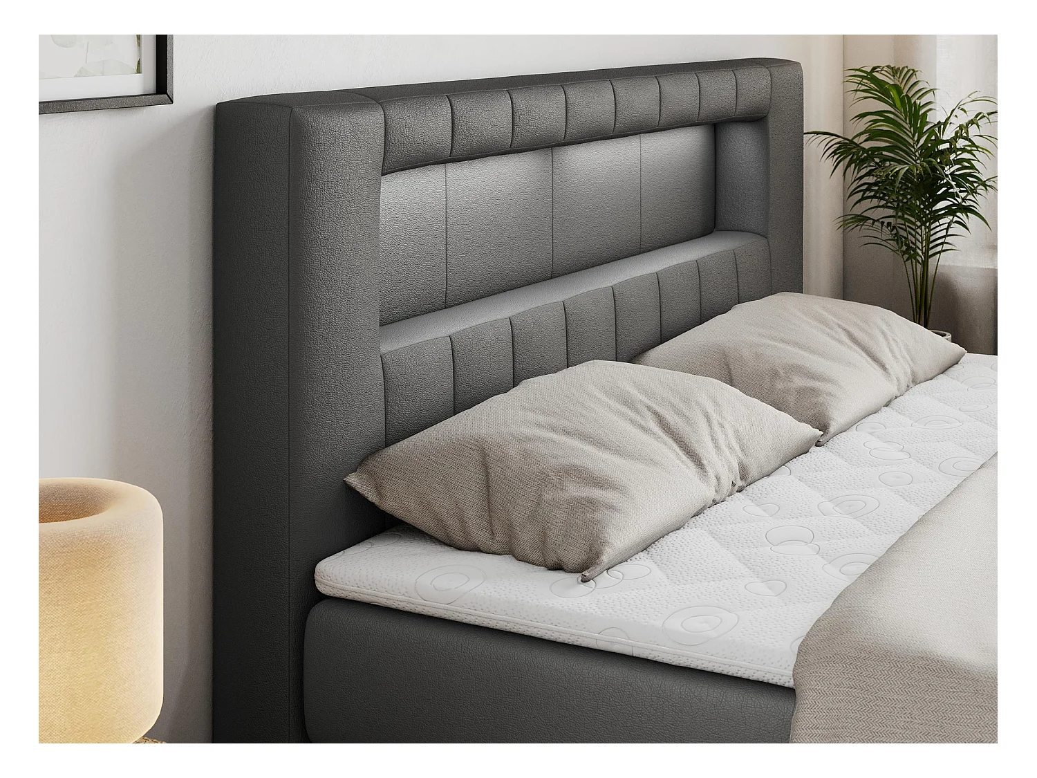 Boxspringbett GOLD 5 KING mit Stauraum, zwei Bettkästen, LED-Beleuchtung, Multipocket-Matratze - 200x200 cm - H3 - Dunkelgrau Kunstleder