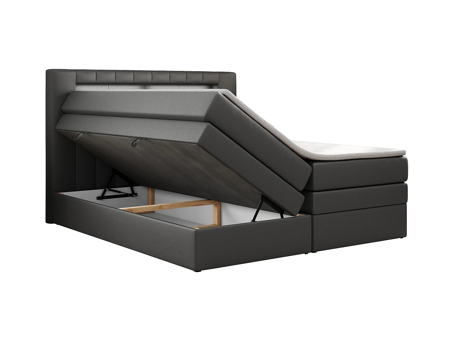 Boxspringbett GOLD 5 KING mit Stauraum, zwei Bettkästen, LED-Beleuchtung, Multipocket-Matratze - 200x200 cm - H3 - Dunkelgrau Kunstleder