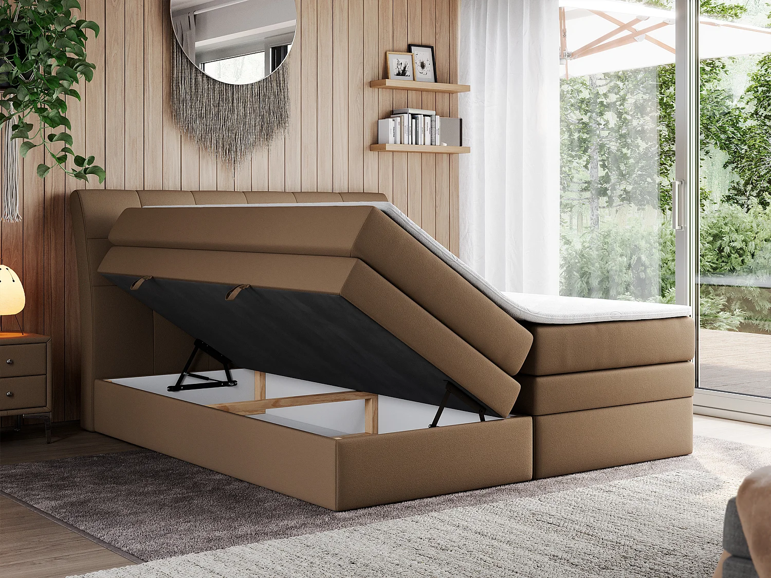 Boxspringbett GOLD 10 KING mit genähtes Kopfteil und Stauraum, zwei Multipocket-Matratze - 160x200 cm - H3 - Braun Kunstleder
