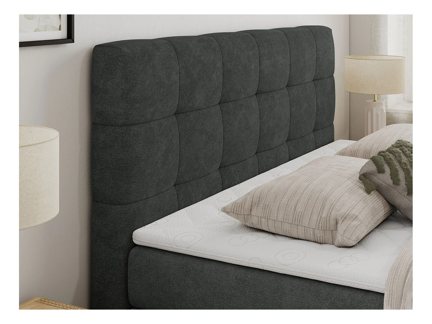 Boxspringbett LUKA KING, mit gestepptem Kopfteil, zwei Bettkästen, Multipocket-Matratze und Topper - 160x200 cm - H3 - Dunkelgrau Strukture