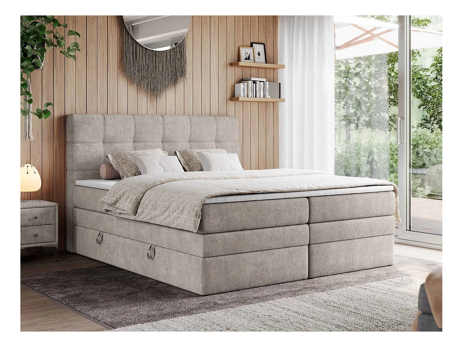 Boxspringbett ERNI KING, gestepptes Kopfteil, zwei Multipocket-Matratze und Topper, mit Stauraum - 180x200 cm - H4 - Beige Strukture