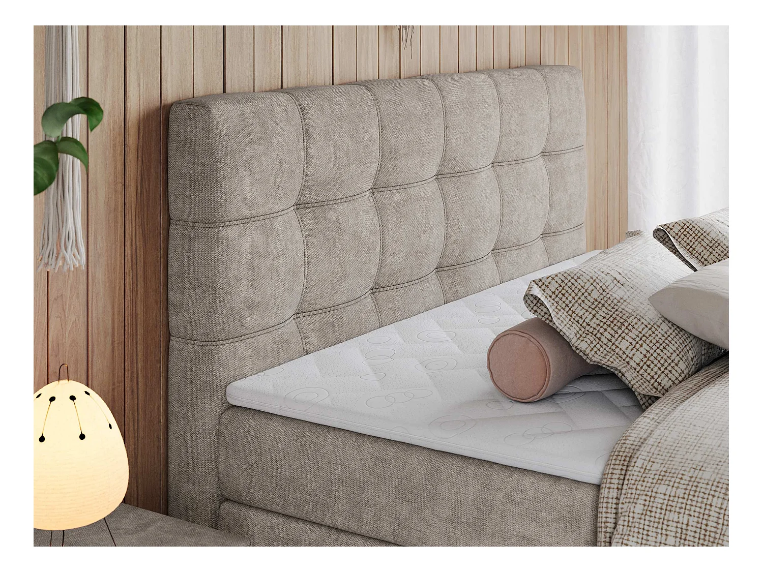 Boxspringbett ERNI KING, gestepptes Kopfteil, zwei Multipocket-Matratze und Topper, mit Stauraum - 180x200 cm - H4 - Beige Strukture