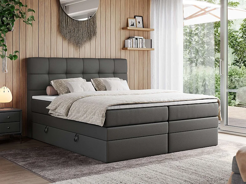 Boxspringbett ERNI KING, gestepptes Kopfteil, zwei Multipocket-Matratze und Topper, mit Stauraum - 180x200 cm - H3 - Dunkelgrau Kunstleder