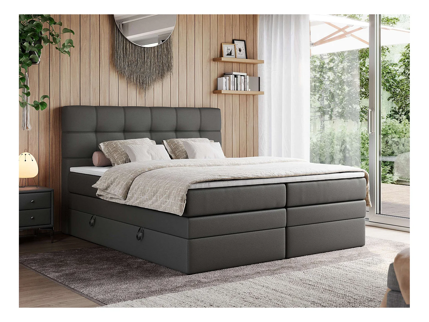 Boxspringbett ERNI KING, gestepptes Kopfteil, zwei Multipocket-Matratze und Topper, mit Stauraum - 180x200 cm - H3 - Dunkelgrau Kunstleder