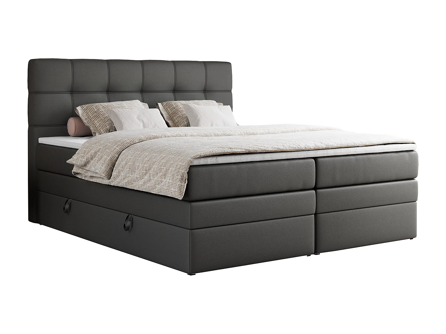 Boxspringbett ERNI KING, gestepptes Kopfteil, zwei Multipocket-Matratze und Topper, mit Stauraum - 180x200 cm - H3 - Dunkelgrau Kunstleder